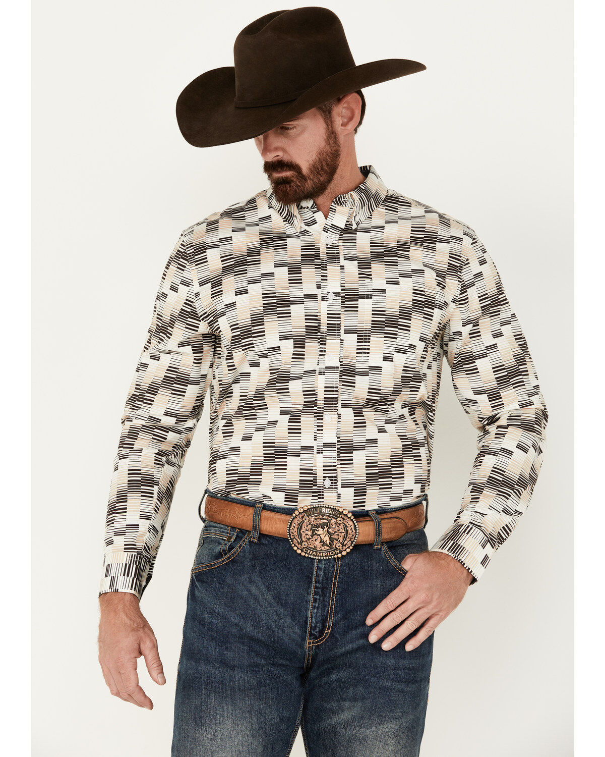 Image #1 - RANK 45&reg; Men's Geo Print Long Sleeve Button-Down Western Shirt, Black, hi-res