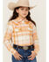 Image #1 - Shyanne Girls' Oak Plaid Print Long Sleeve Pearl Snap Flannel Shirt, Gold, hi-res