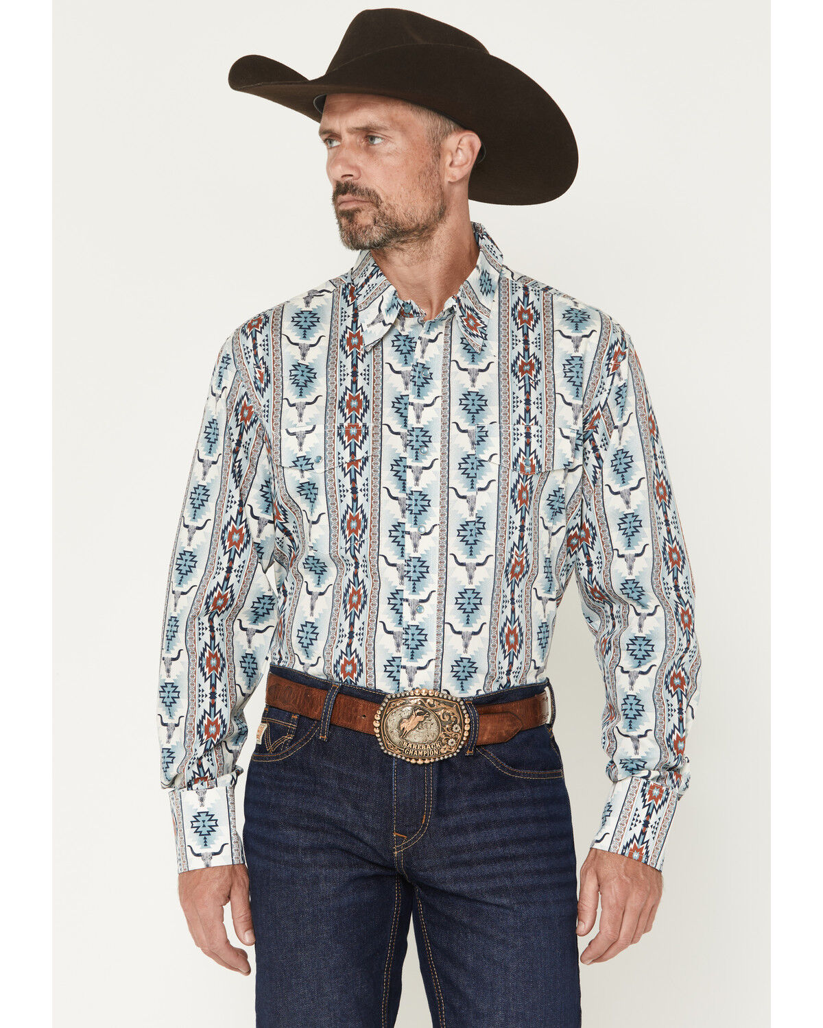 Wrangler Men's Checotah Southwestern Striped Long Sleeve Pearl Snap Western Shirt, Blue, hi-res