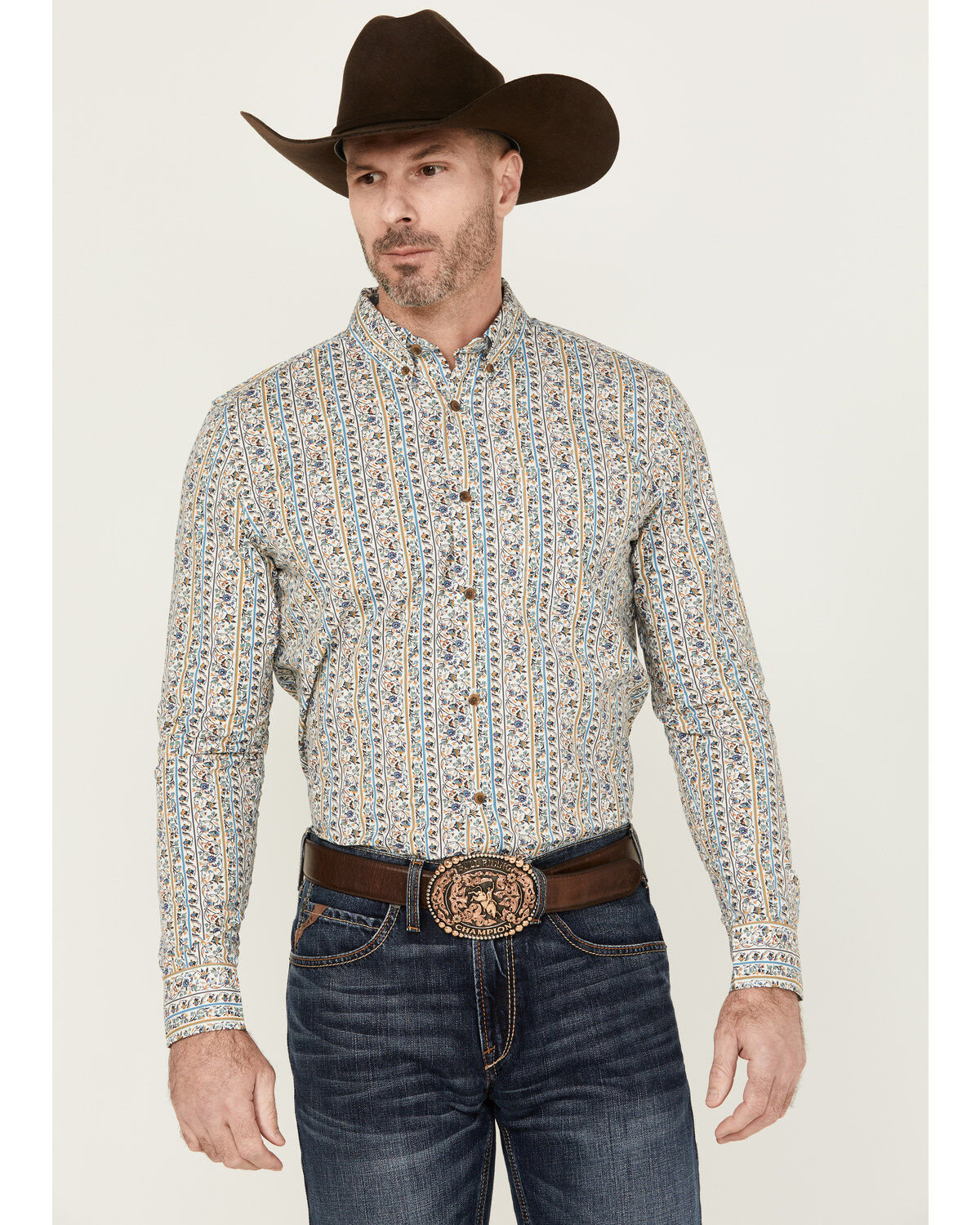 Image #1 - Cody James Men's Wells Floral Striped Print Long Sleeve Button-Down Stretch Western Shirt, Gold, hi-res