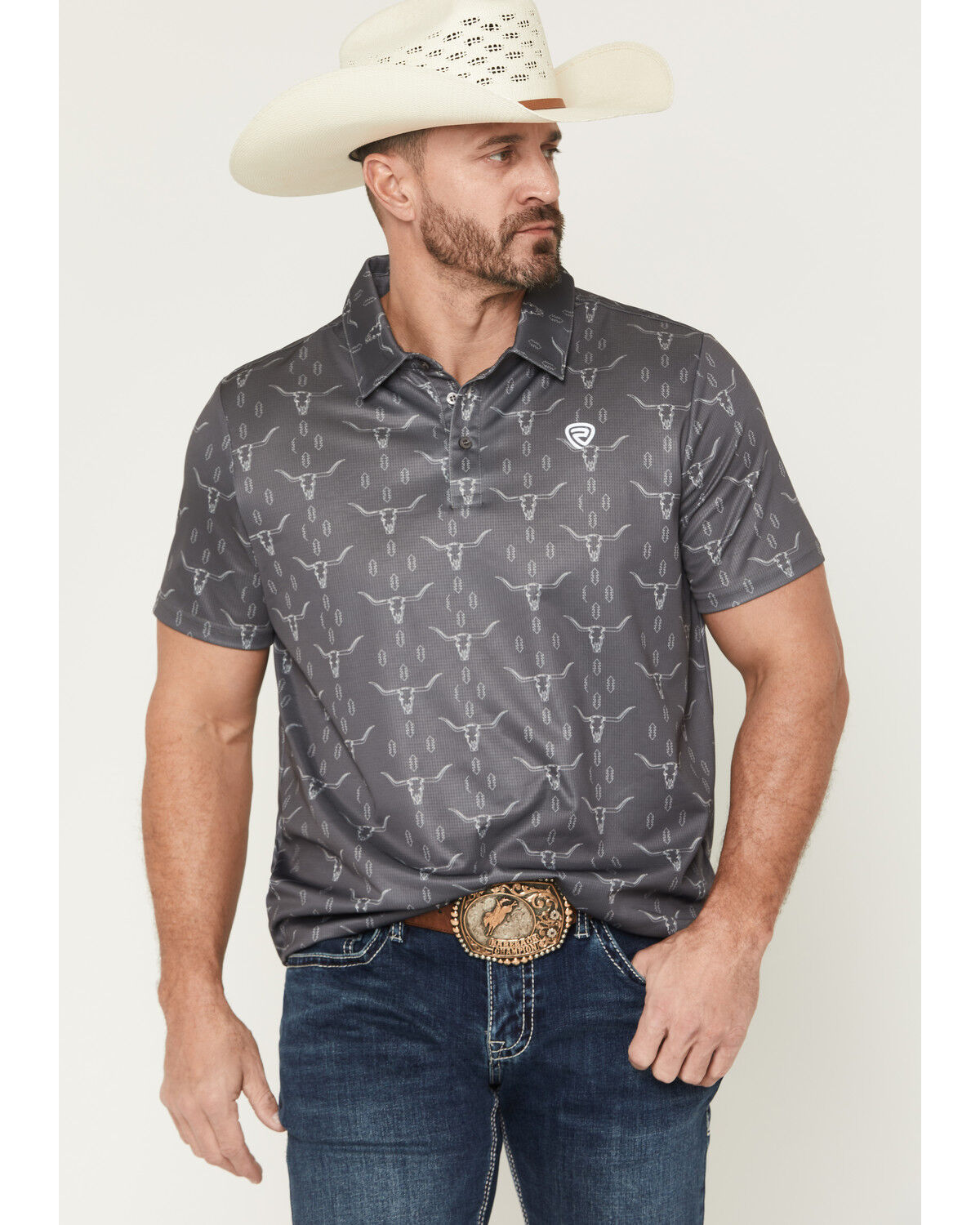 Rock & Roll Denim Men's Steer Skull Print Short Sleeve Button-Down Stretch Polo, Charcoal, hi-res