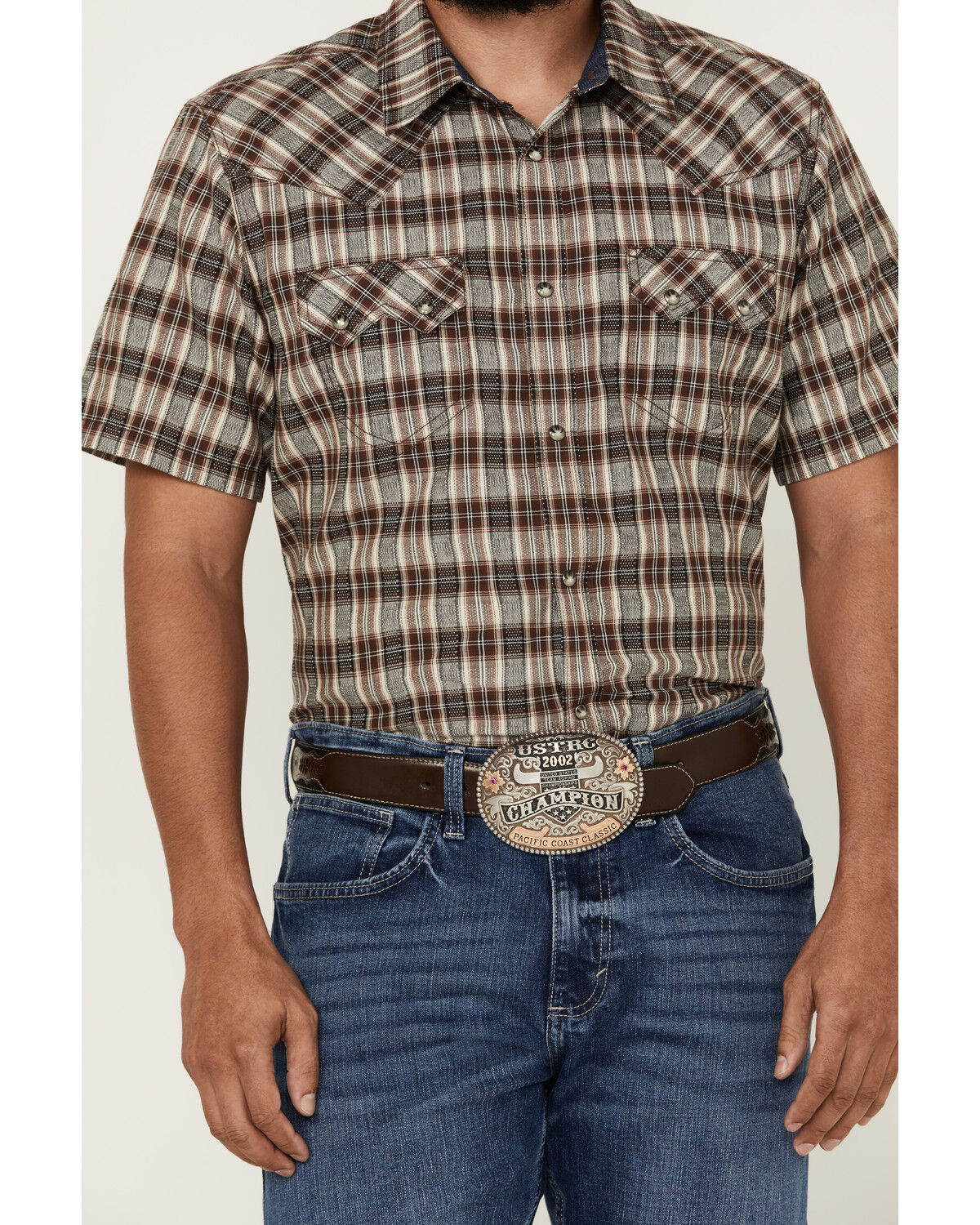 Image #4 - Cody James Men's Grit Plaid Print Short Sleeve Snap Western Shirt, Brown, hi-res