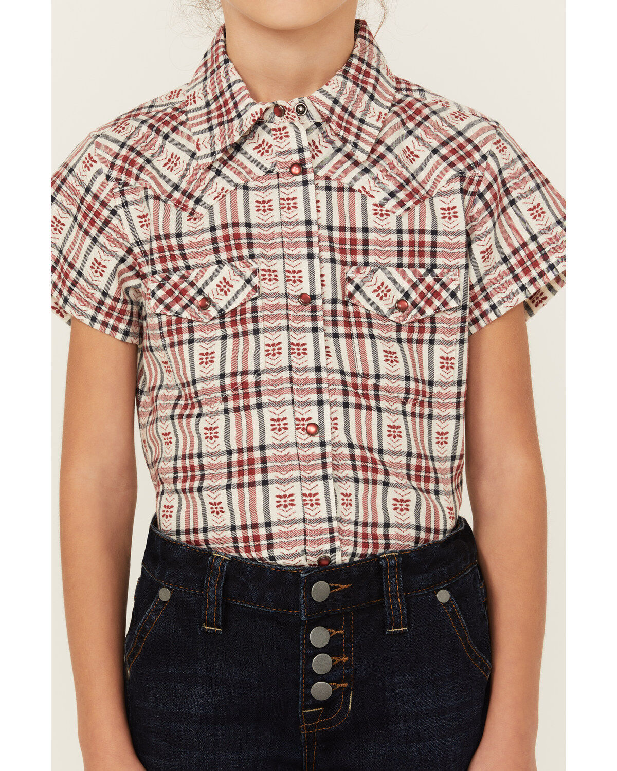 Image #3 - Shyanne Girls' Dobby Teton Plaid Print Short Sleeve Pearl Snap Western Shirt, Brick Red, hi-res