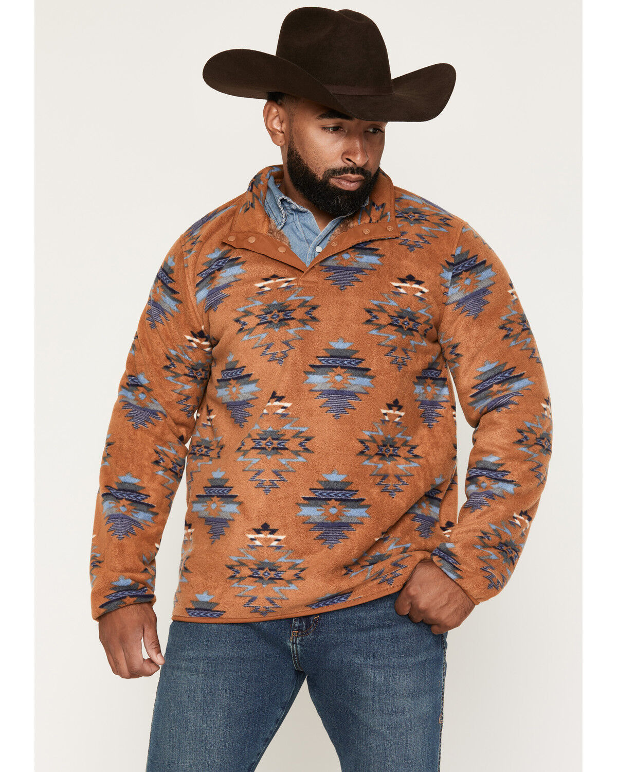 Image #1 - Cody James Men's Saddleback Southwestern Print Polar Fleece 1/4 Snap Pullover, Camel, hi-res
