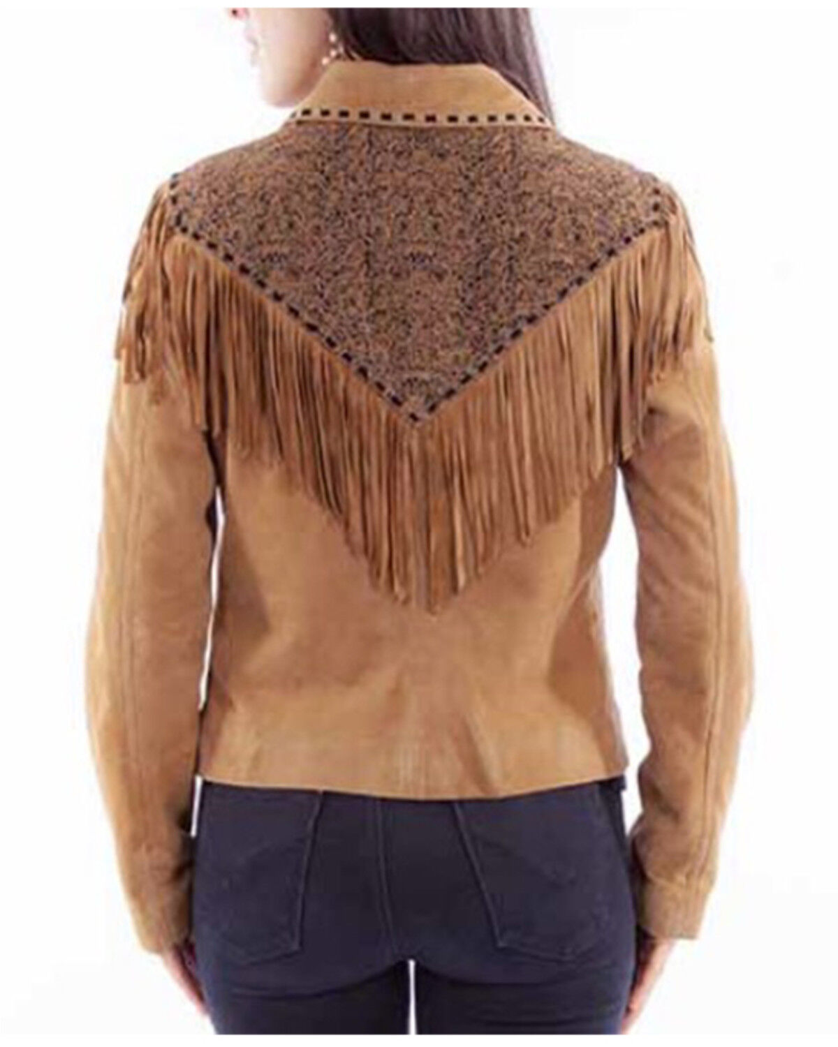 Image #2 - Scully Women's Fringe and Scroll Work Leather Jacket, Tan, hi-res