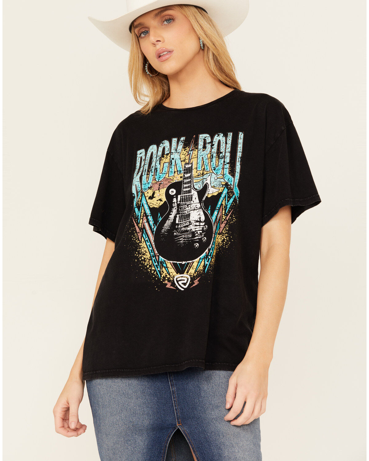 Rock & Roll Denim Women's Rock & Roll Rhinestone Short Sleeve Graphic Tee, Black, hi-res