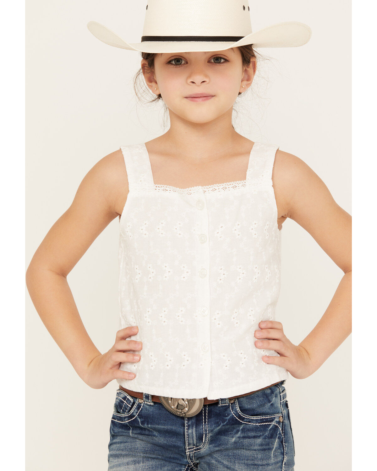 Image #1 - Shyanne Girls' Eyelet Button Front Tank Top, White, hi-res