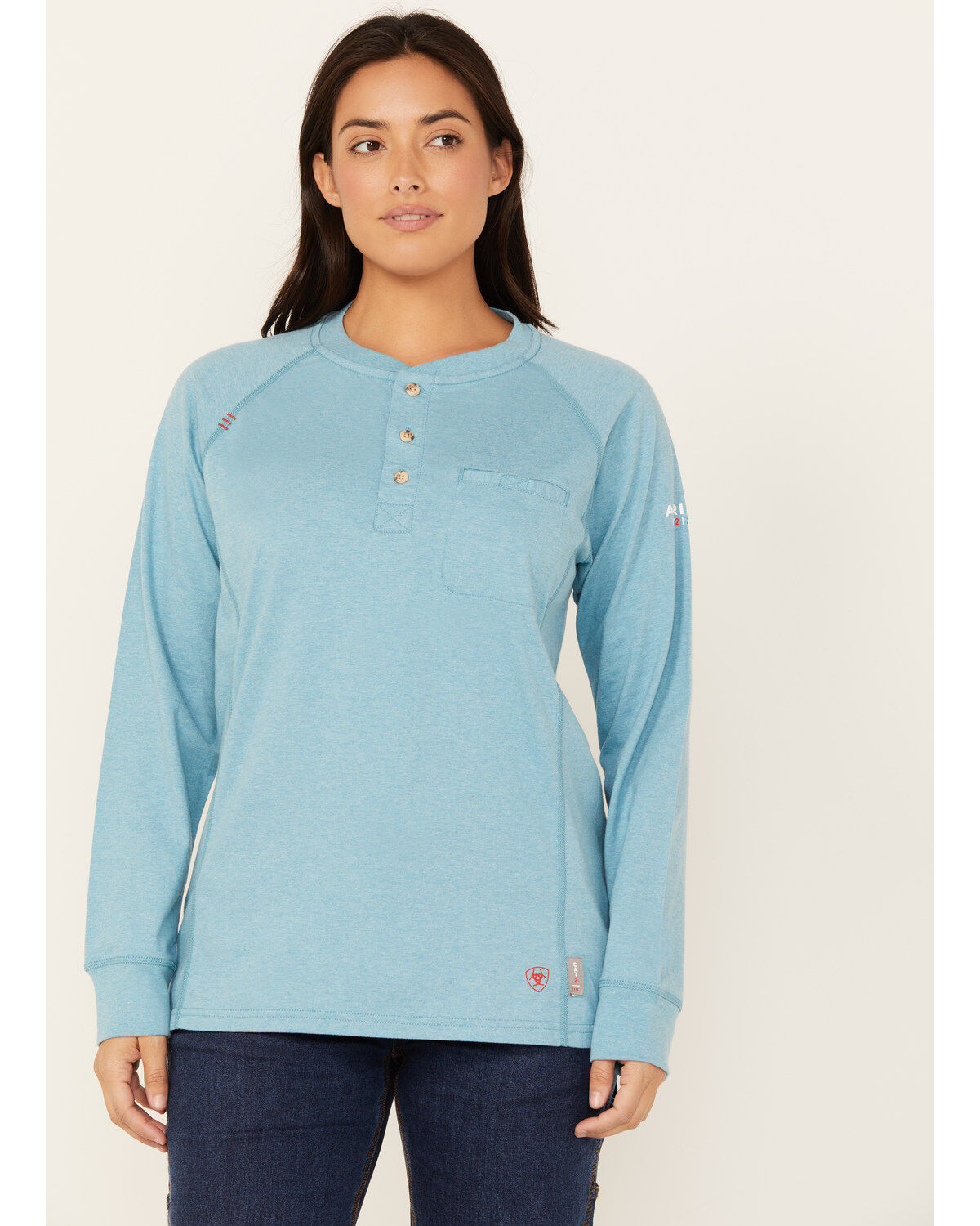 Image #1 - Ariat Women's FR Air Henley Long Sleeve Work Shirt, Blue, hi-res