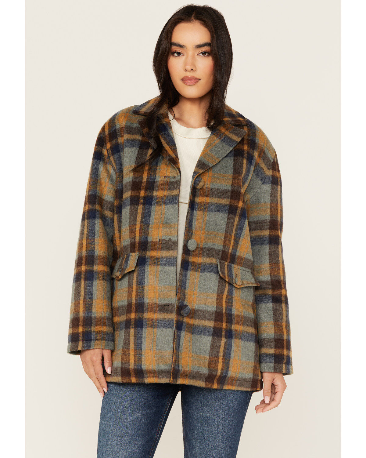 Image #1 - Cleo + Wolf Women's Oversized Plaid Print Peacoat, Steel Blue, hi-res