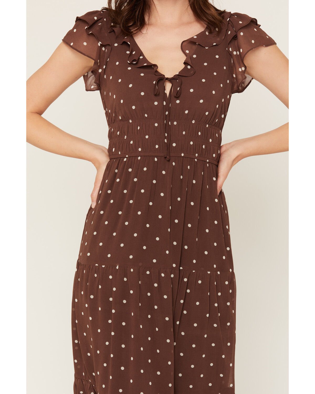 Image #3 - Ash & Violet Women's Polka Dot Ruffle Smocked Waist Midi Dress, Brown, hi-res
