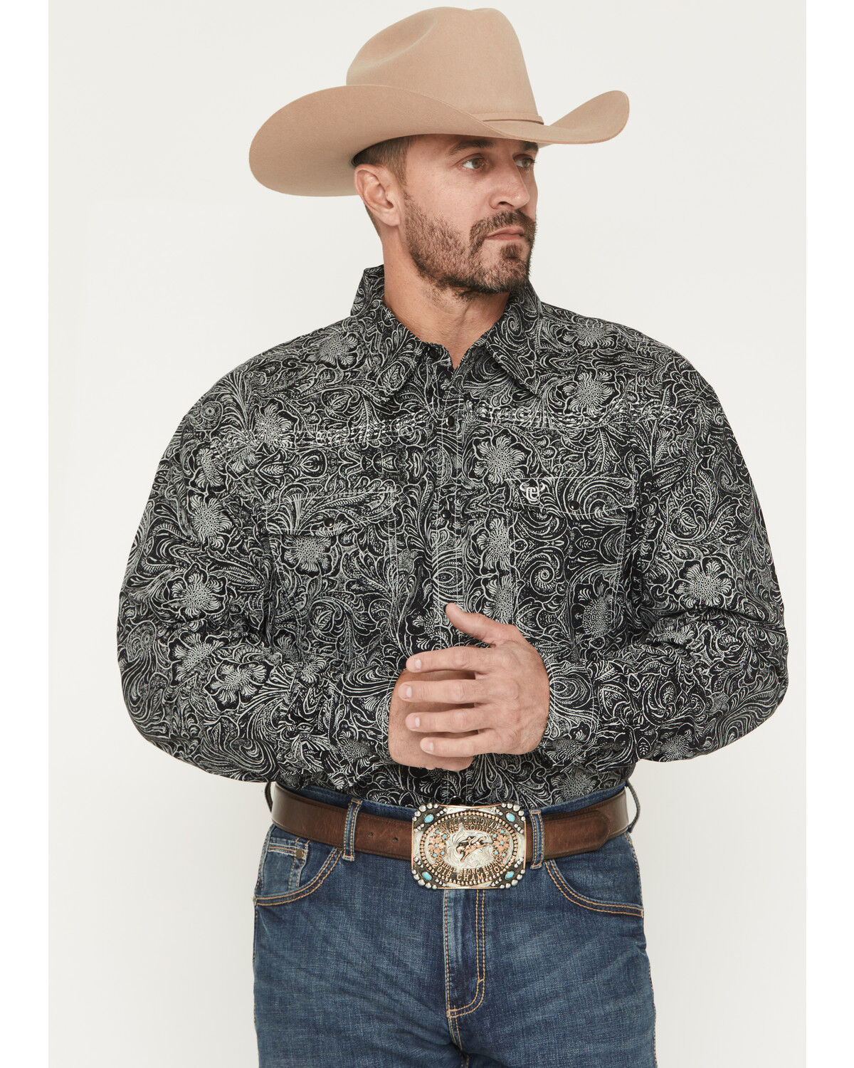 Cowboy Hardware Men's Tooled Floral Print Long Sleeve Snap Stretch Western Shirt, Charcoal, hi-res