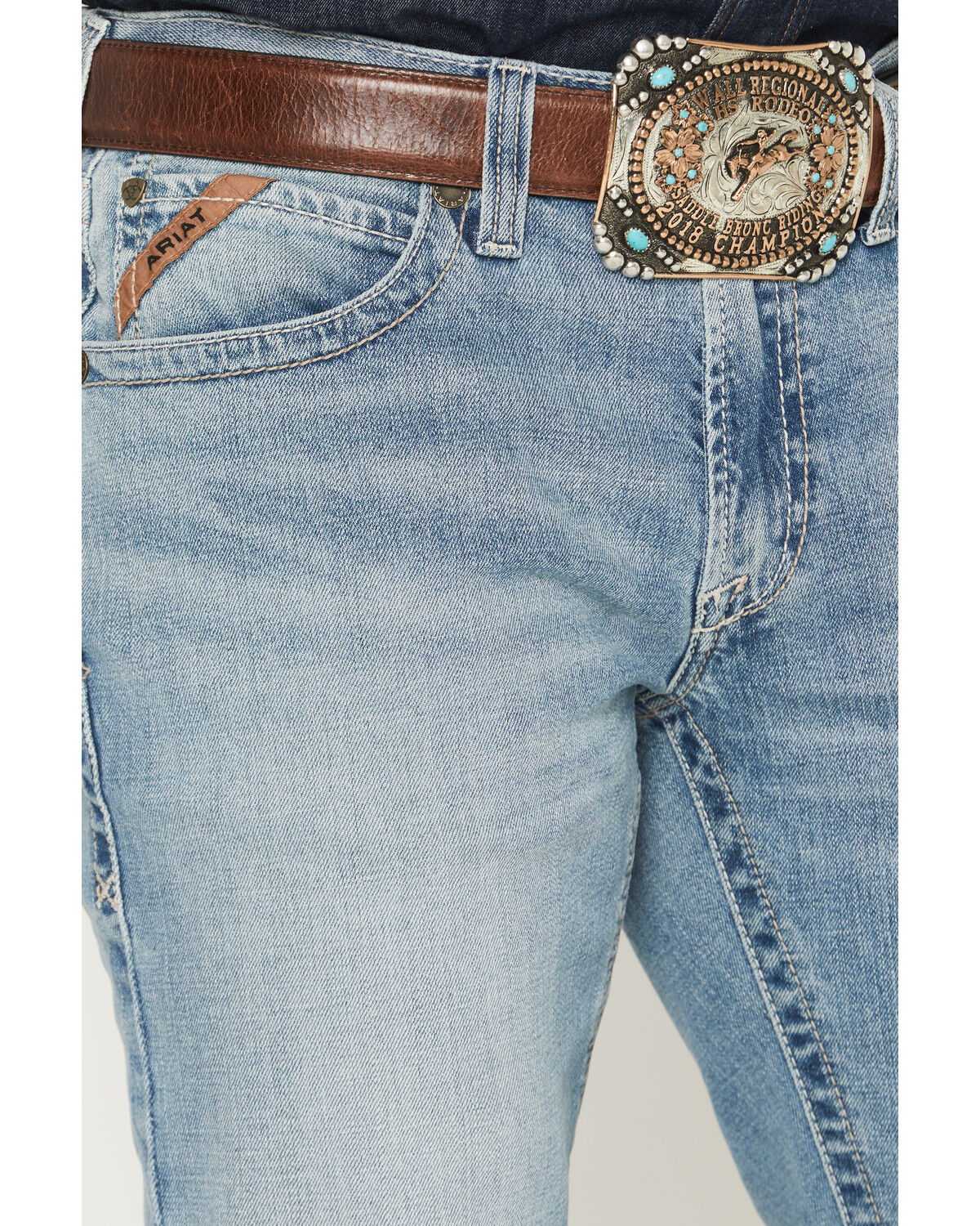Image #2 - Ariat Men's M4 Kayne Gus Light Wash Relaxed Bootcut Stretch Denim Jeans, Light Wash, hi-res