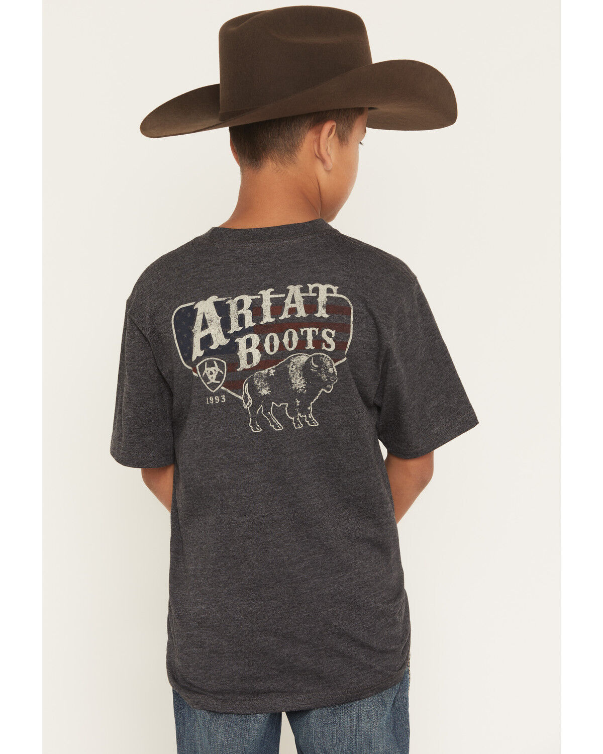 Ariat Boys' Logo Bison Flag Short Sleeve Graphic T-Shirt, Charcoal, hi-res