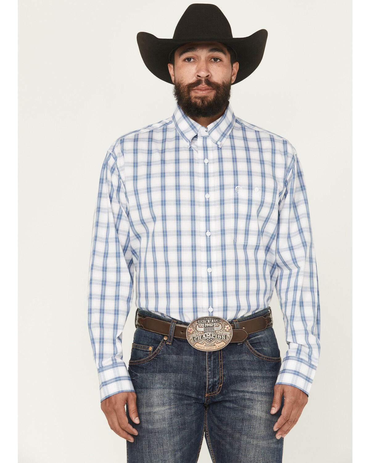 Image #1 - George Strait by Wrangler Men's Plaid Print Long Sleeve Button-Down Stretch Western Shirt, White, hi-res