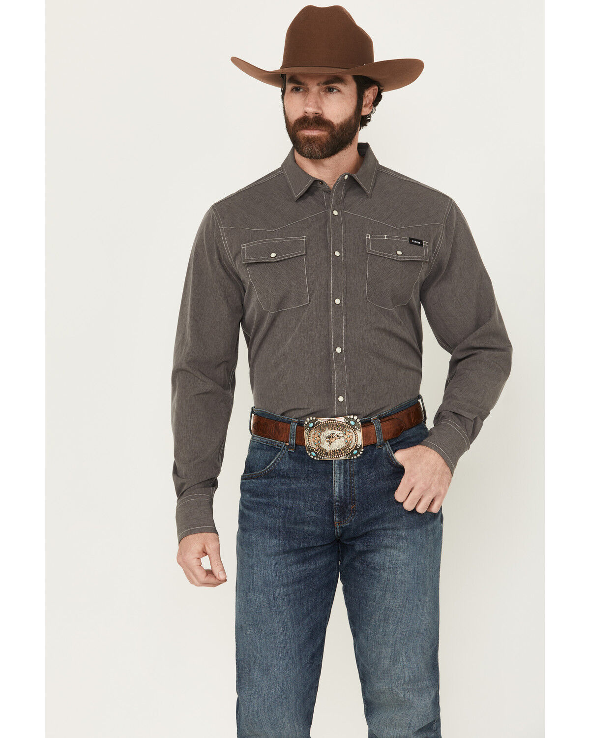 Image #1 - Cinch Men's Solid Arenaflex Long Sleeve Snap Performance Western Shirt, Charcoal, hi-res