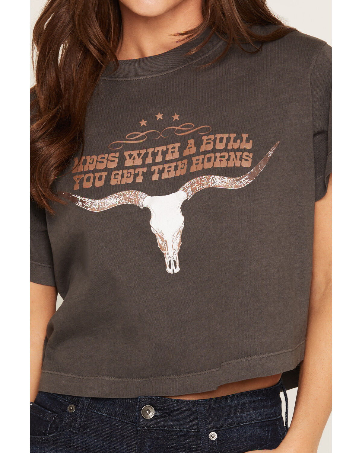 Image #3 - Girl Dangerous Women's Steer Horns Short Sleeve Cropped Graphic Tee, Black, hi-res