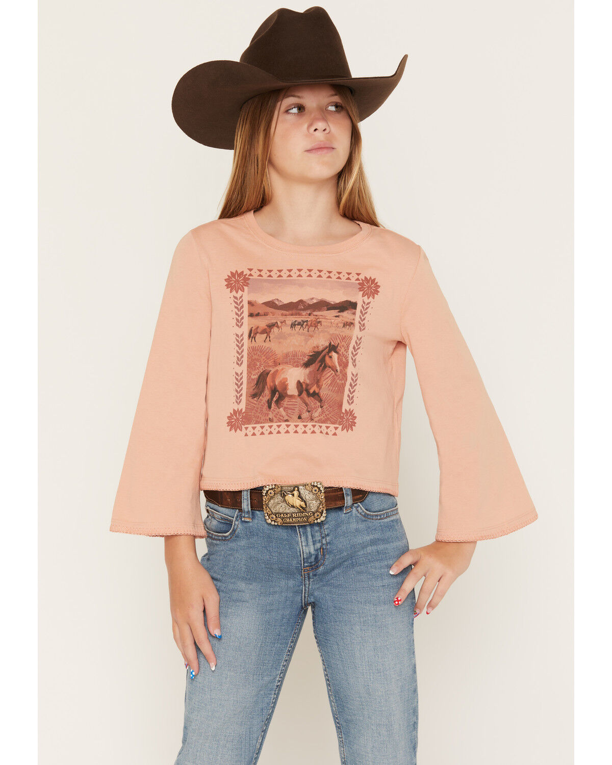 Shyanne Girls' Molly 3/4 Bell Sleeve Graphic Tee, Mauve, hi-res