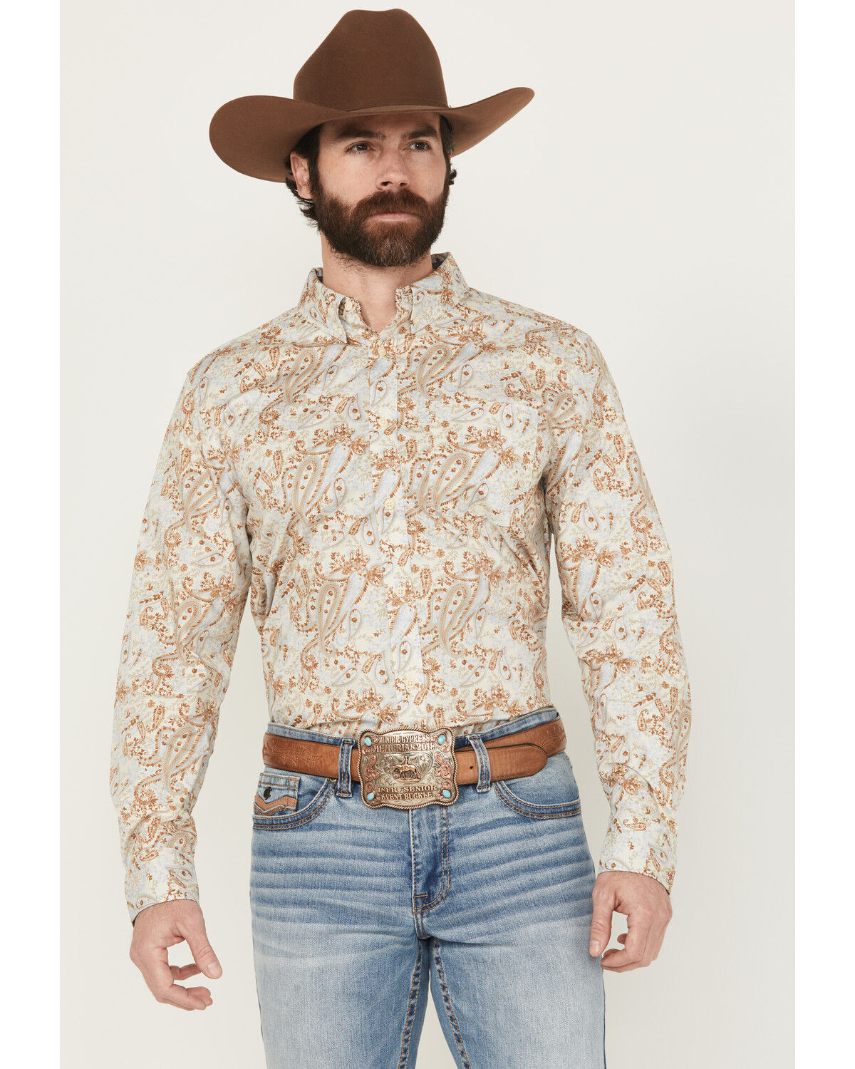 Image #1 - Cody James Men's Porter Floral Print Long Sleeve Button-Down Stretch Western Shirt - Tall, Cream, hi-res