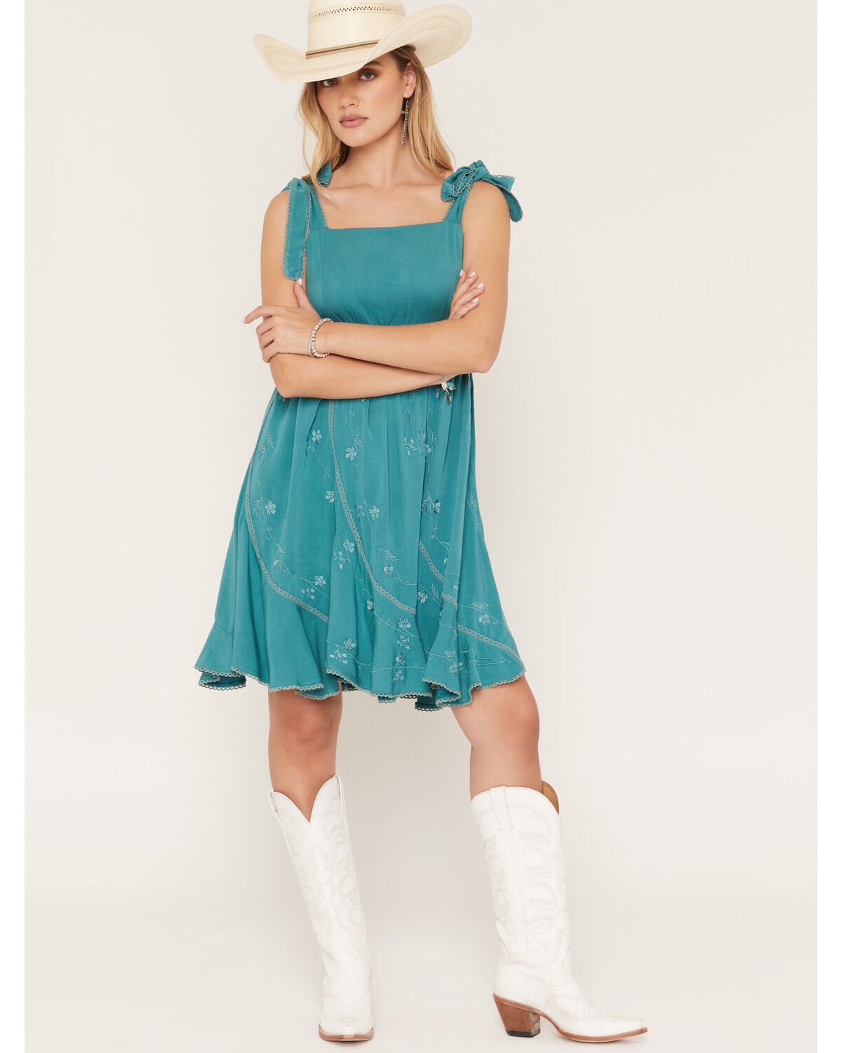 Wild Moss Women's Tie Strap Embroidered Mini Dress, Teal, hi-res