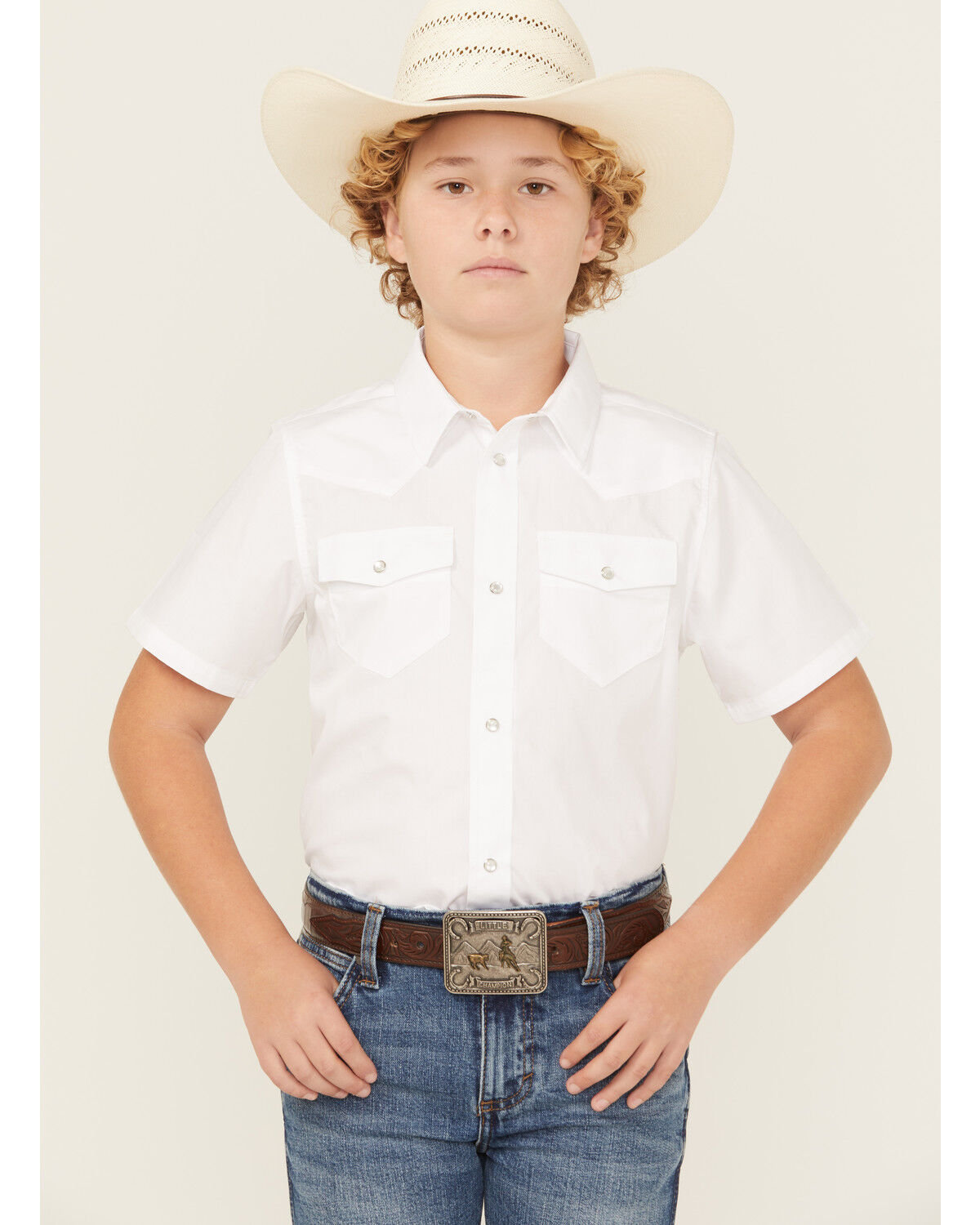 Gibson Trading Co Boys' Solid Short Sleeve Pearl Snap Western Shirt, White, hi-res