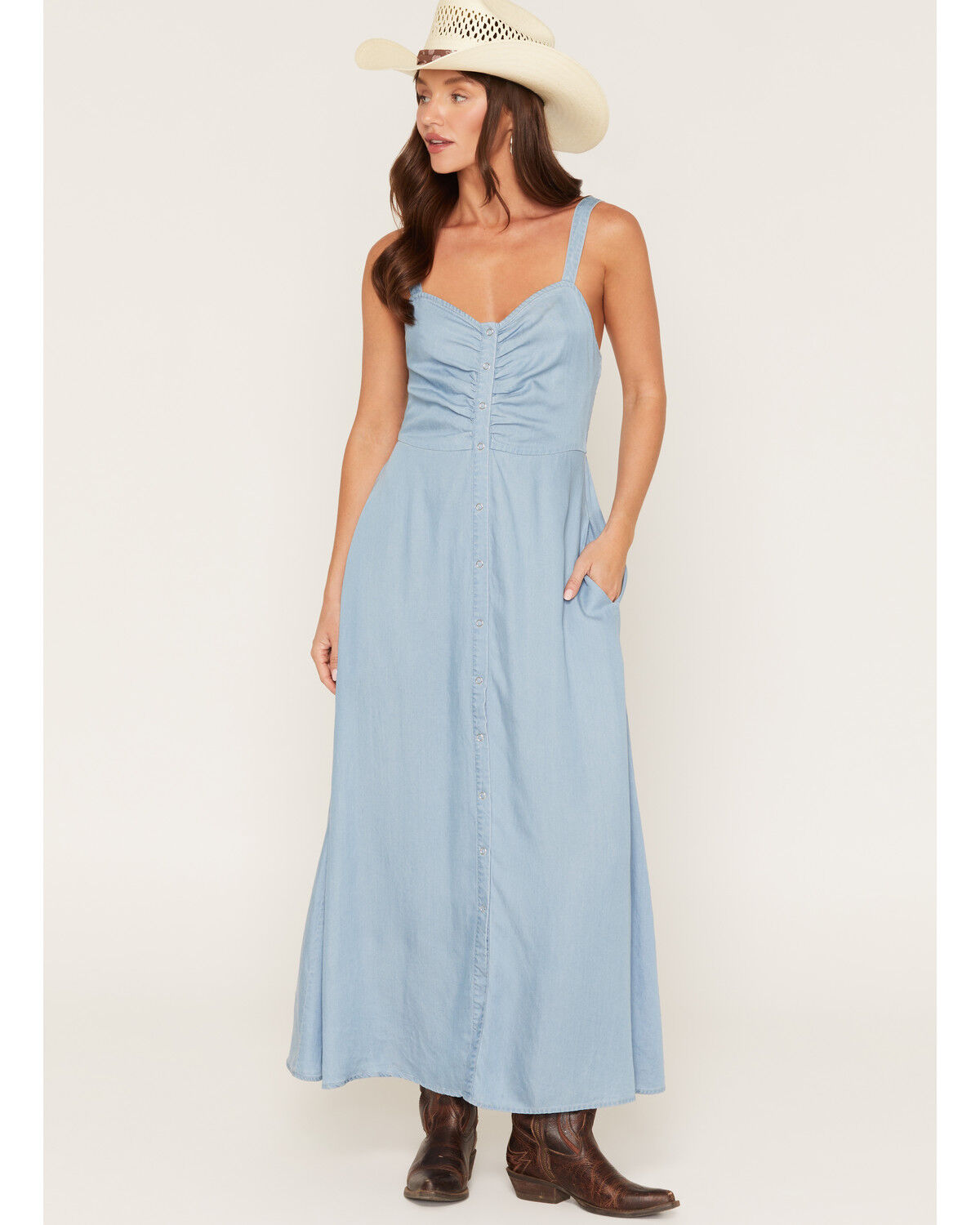 Lovestitch Women's Light Wash Sleeveless Snap Front Midi Dress, Light Wash, hi-res