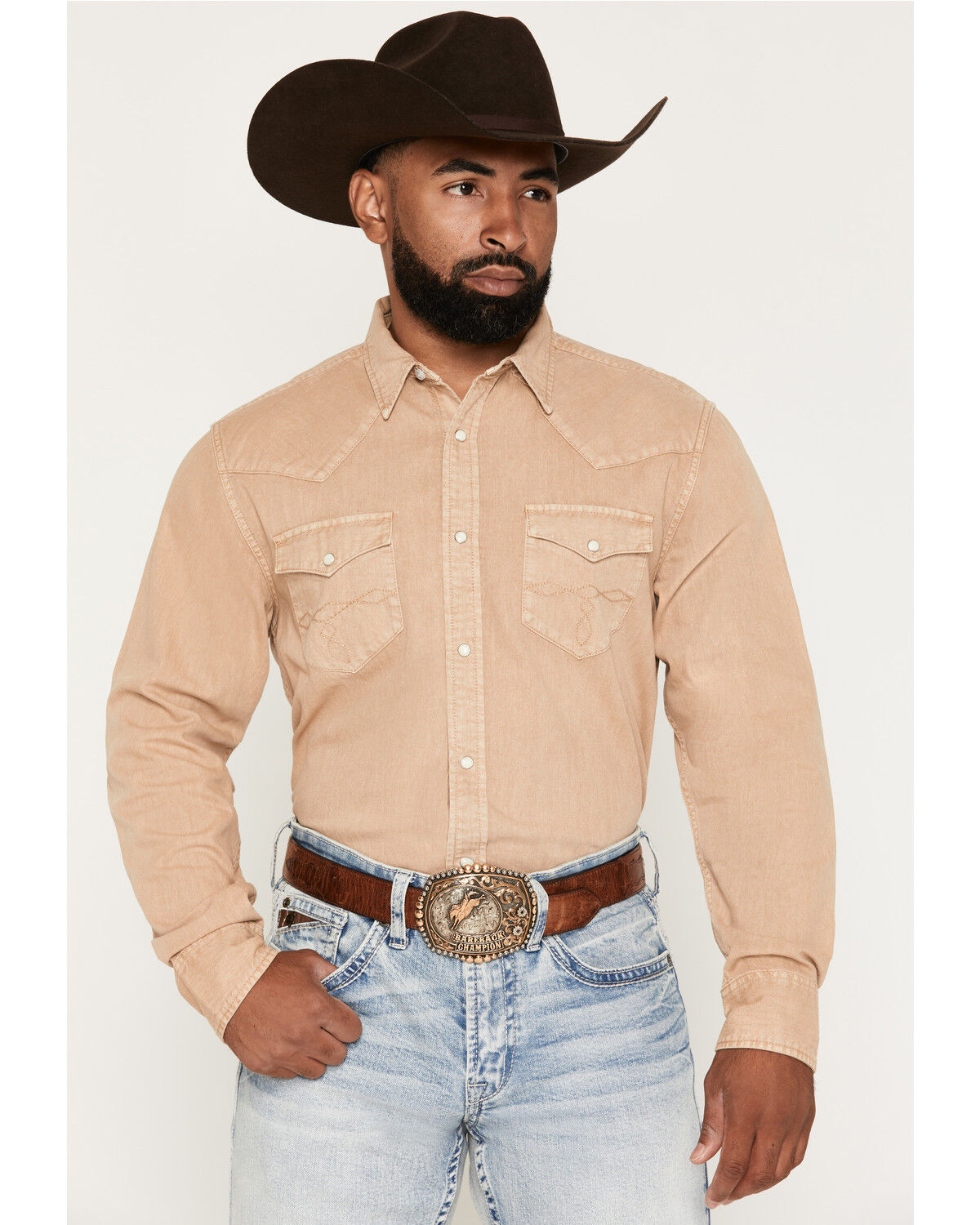 Image #1 - Cody James Men's Solid Long Sleeve Snap Denim Western Shirt - Tall, Tan, hi-res
