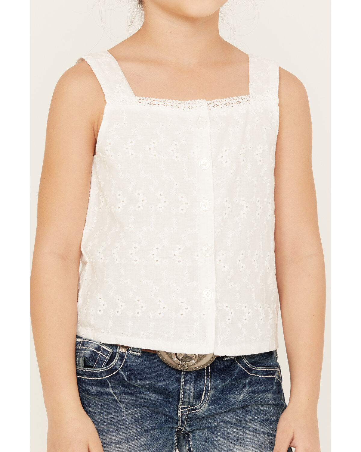 Image #3 - Shyanne Girls' Eyelet Button Front Tank Top, White, hi-res