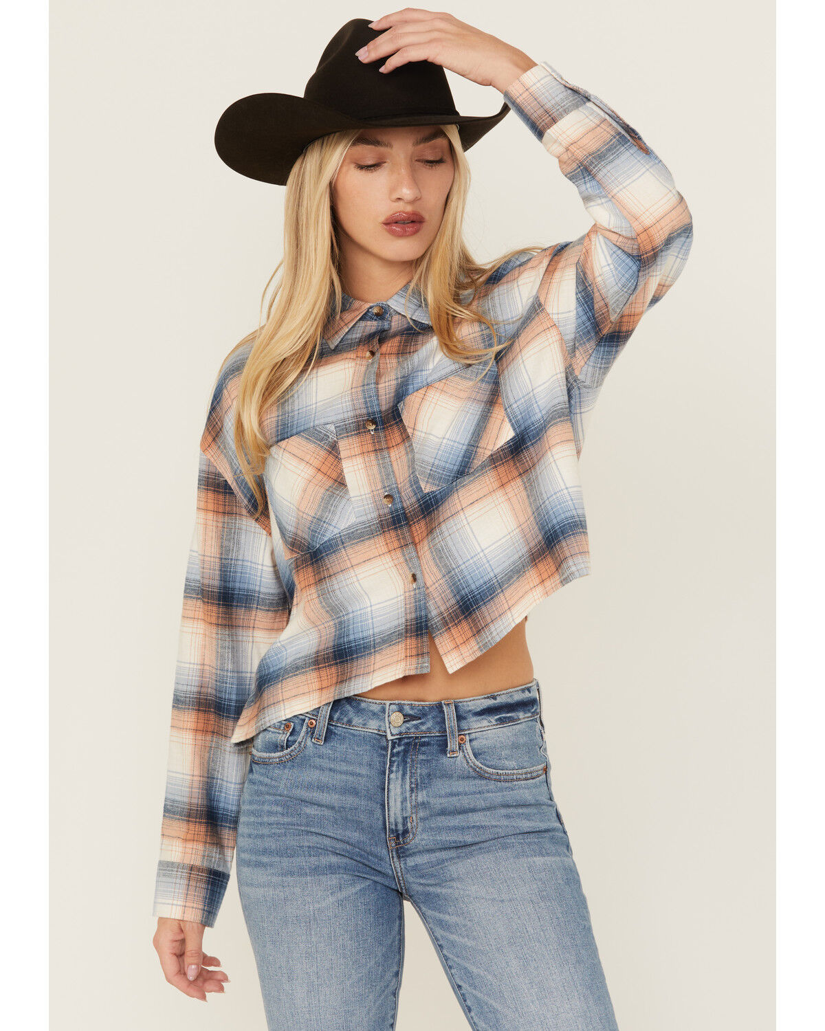 Image #1 - Ely Walker Women's Plaid Print Long Sleeve Button-Down Cropped Flannel Shirt, Multi, hi-res
