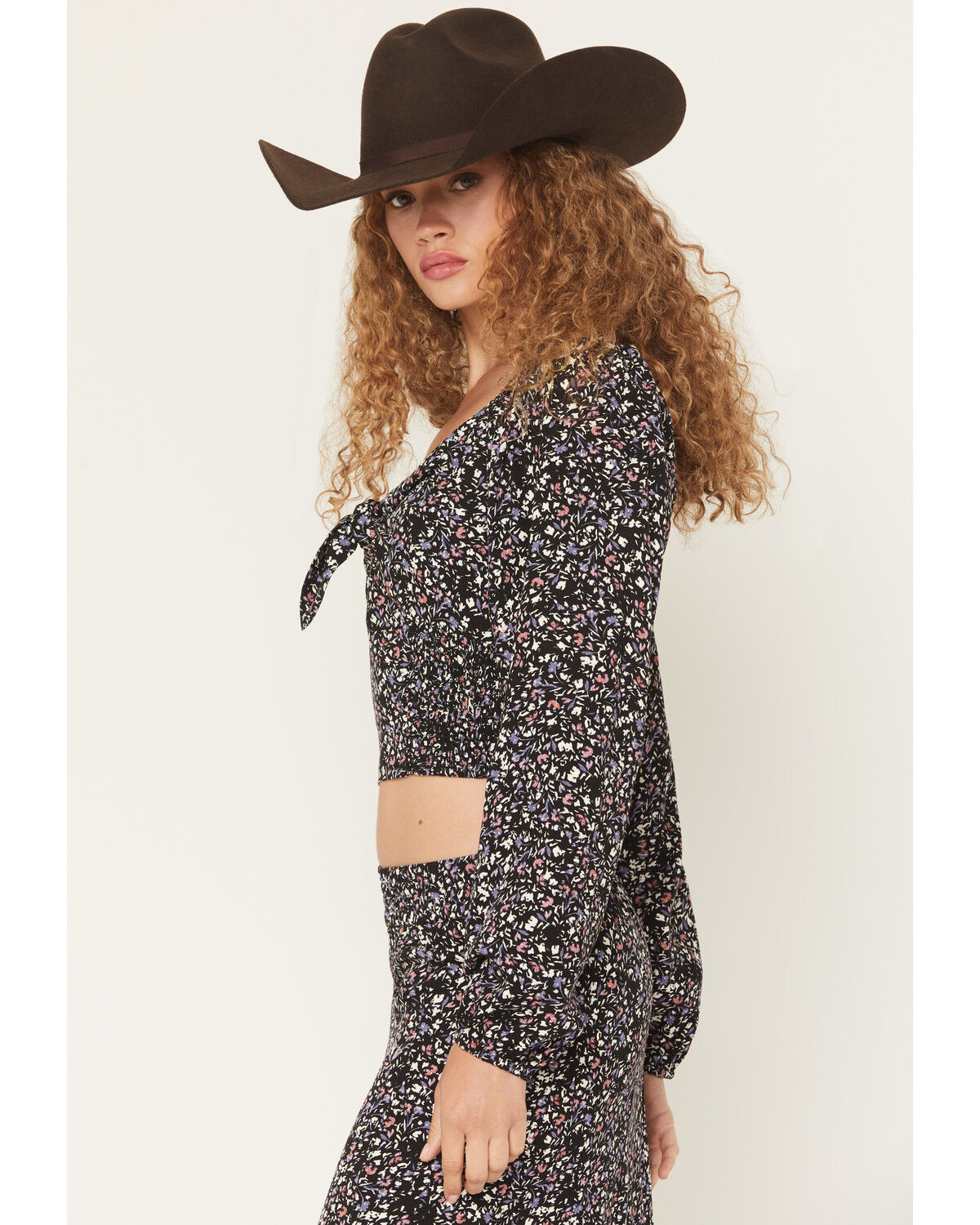 Image #2 - Idyllwind Women's Cory Ditsy Floral Print Long Sleeve Tie-Front Shirt, Black, hi-res