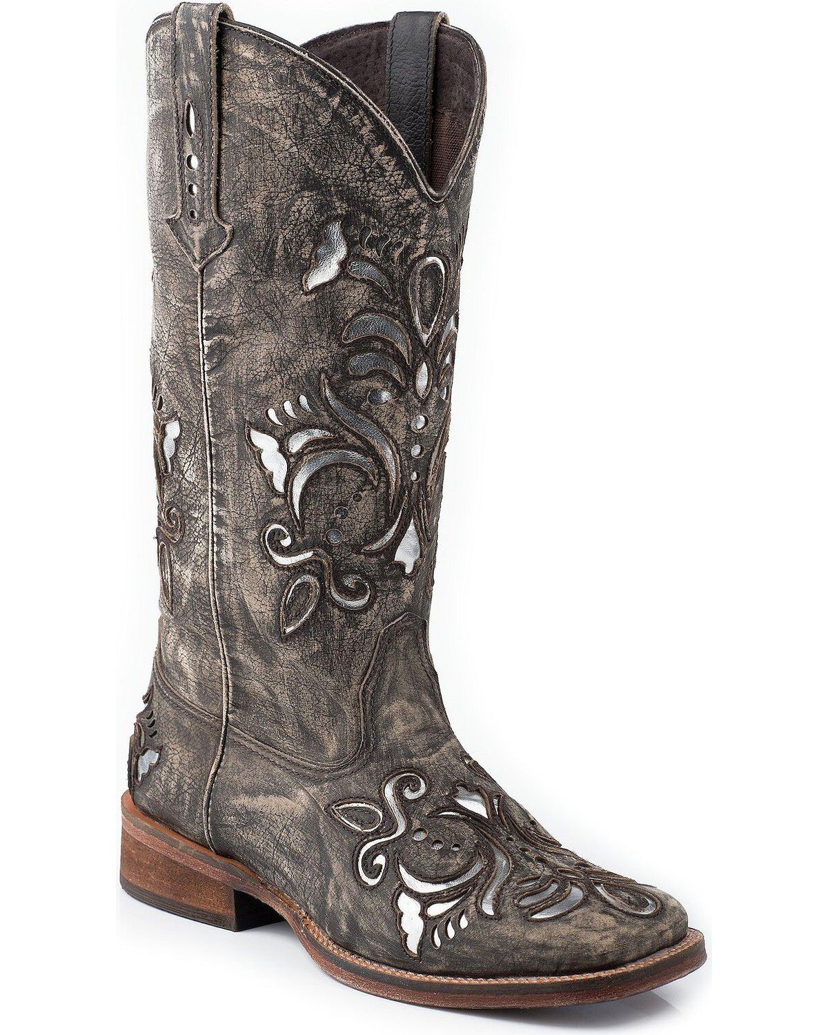 Image #1 - Roper Women's Fancy Silver Inlay Western Boots - Square Toe, Brown, hi-res