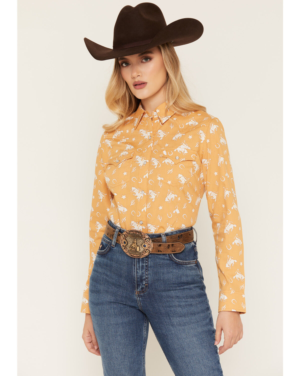 Image #1 - Wrangler Retro Women's Boot Barn Exclusive Rider Long Sleeve Snap Western Shirt, Mustard, hi-res