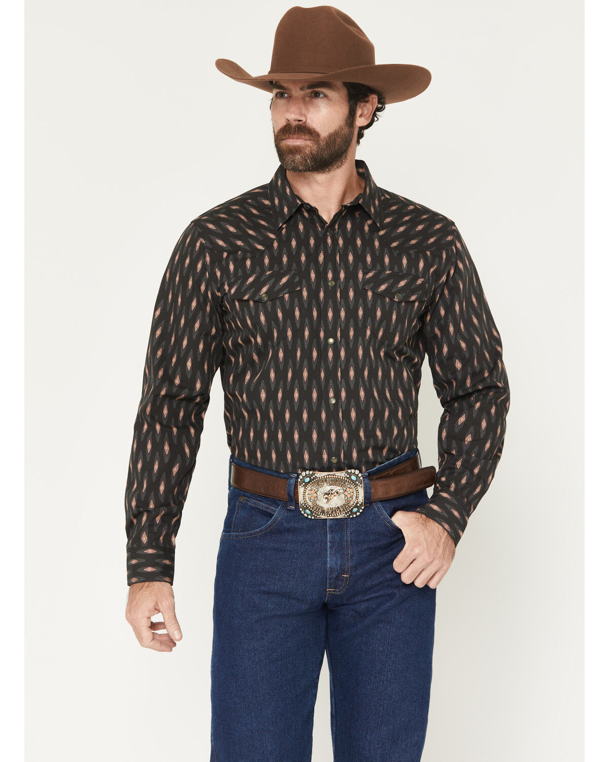 Image #1 - Gibson Trading Co Men's Orbitor Geo Print Long Sleeve Snap Western Shirt, Black, hi-res