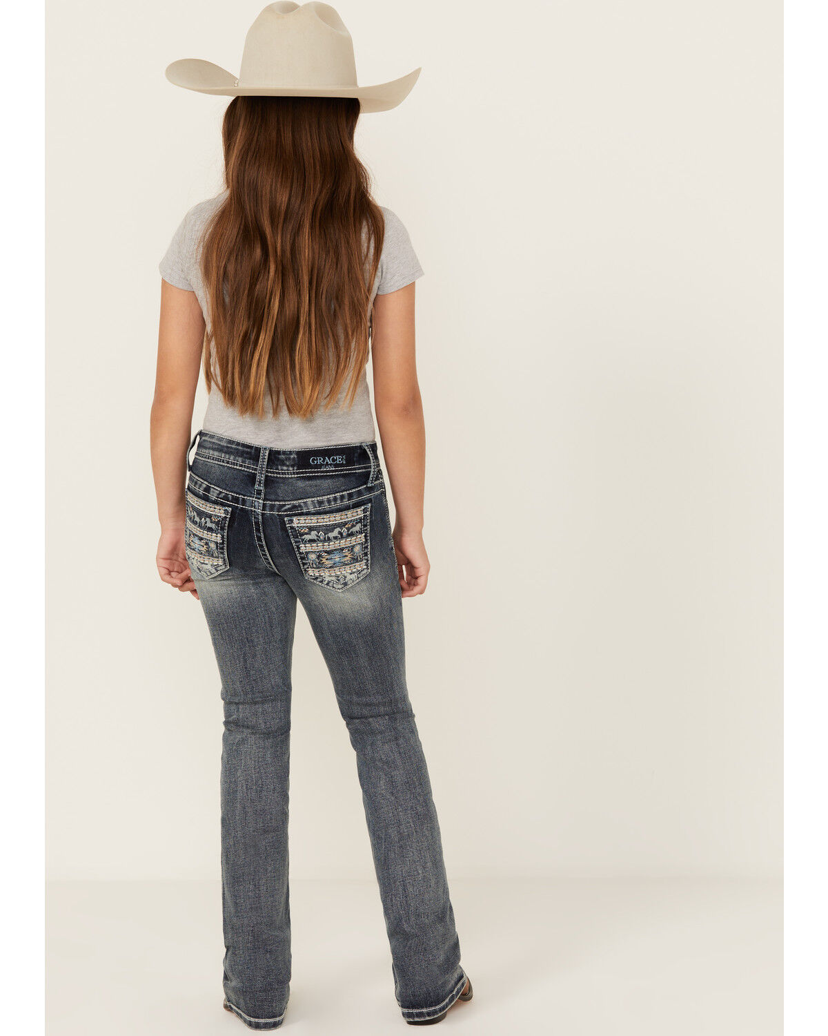 Grace in LA Girls' Medium Wash Embroidered Pocket Bootcut Stretch Denim Jeans, Medium Wash, hi-res