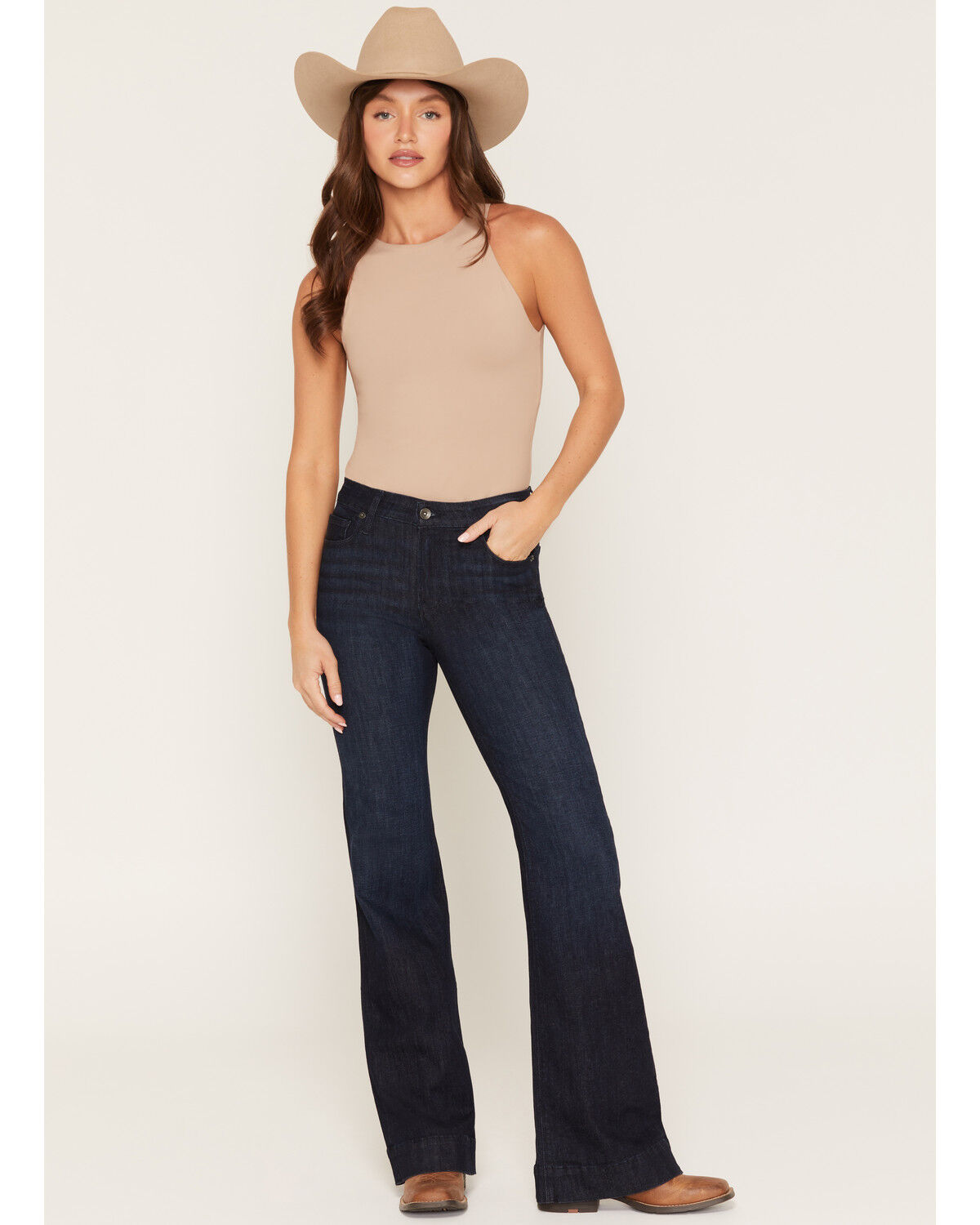 Haala Women's Deep Ocean Dark Wash Bella Trouser Flare Stretch Denim Jeans, Dark Wash, hi-res