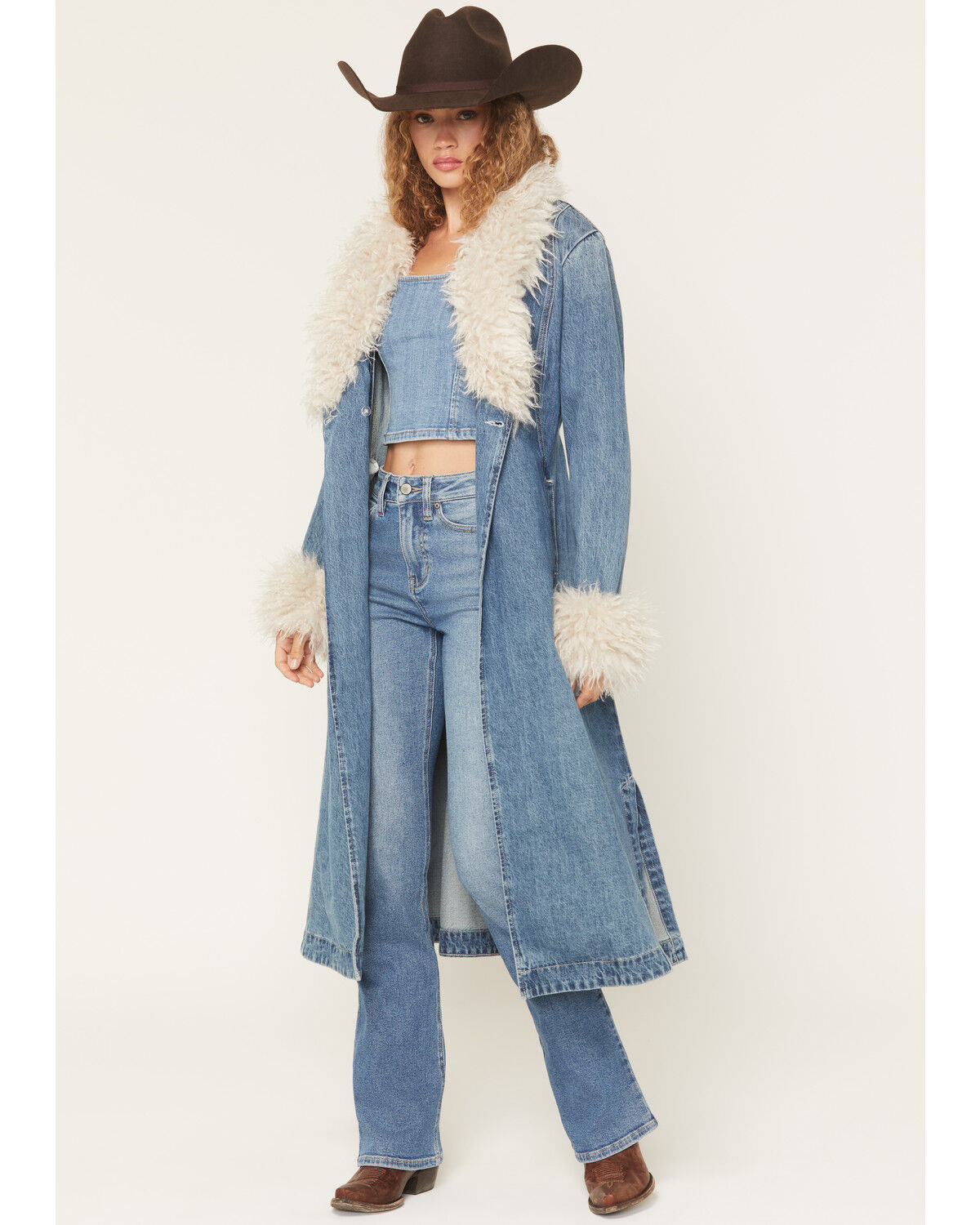 Idyllwind Women's Thistle Long Denim Fur Collar Trench Coat, Dark Wash, hi-res