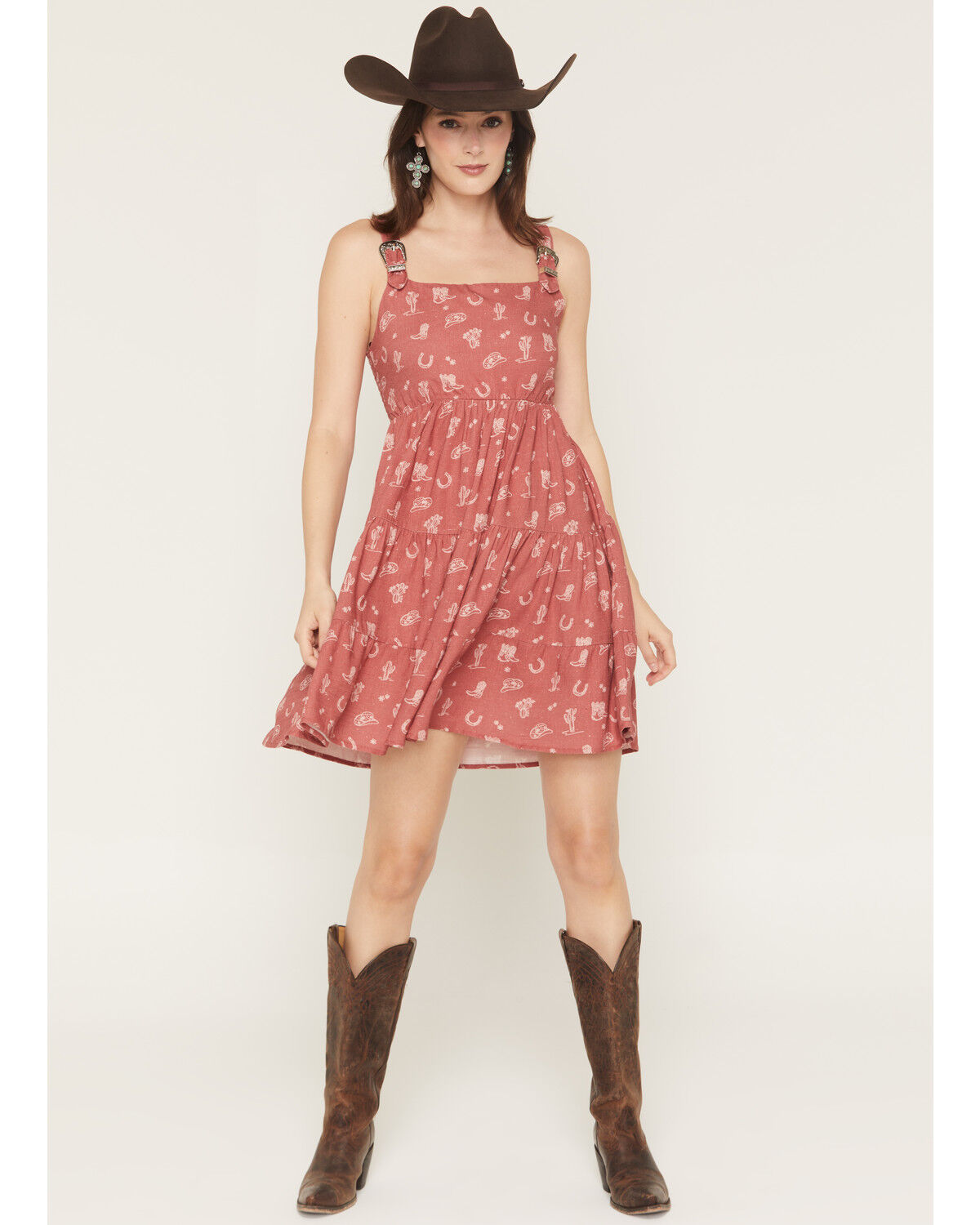 Image #1 - Wild Moss Women's Buckle Strap Western Print Mini Dress, Rust Copper, hi-res