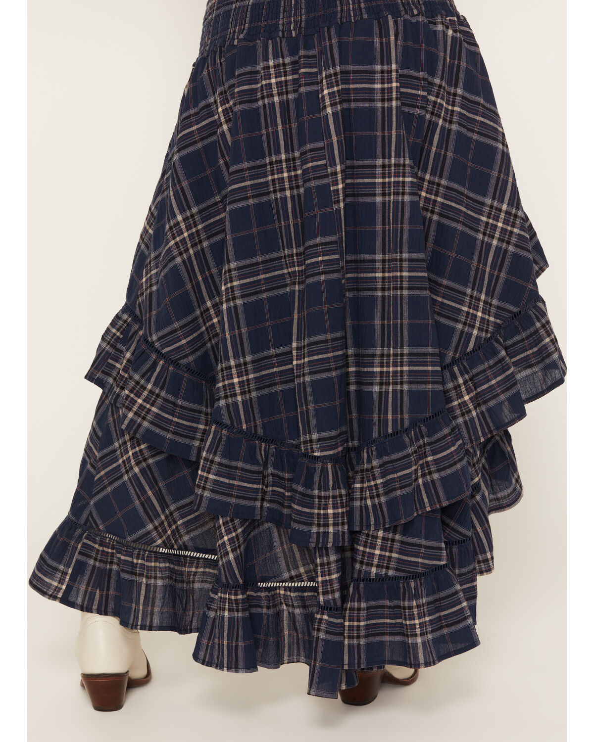 Image #4 - Cleo + Wolf Women's Plaid Print High Low Ruffle Midi Skirt, Navy, hi-res