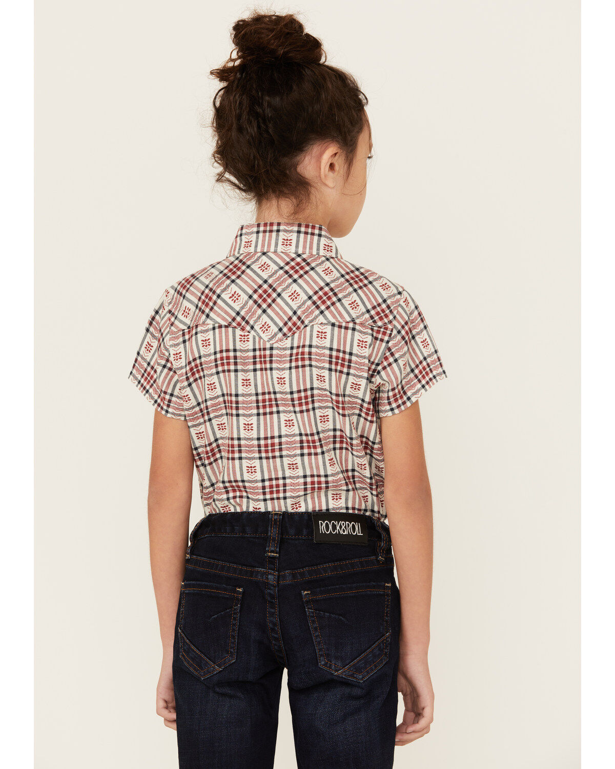 Image #4 - Shyanne Girls' Dobby Teton Plaid Print Short Sleeve Pearl Snap Western Shirt, Brick Red, hi-res