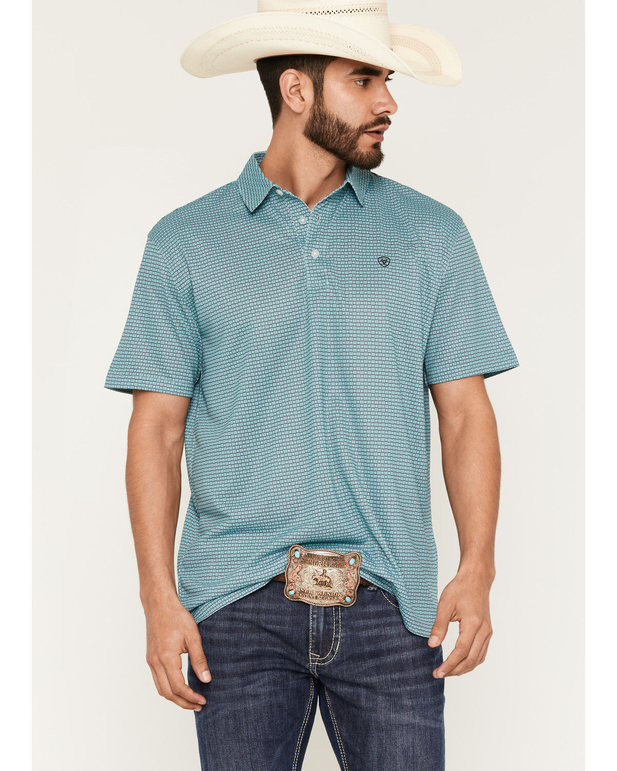 Ariat Men's All Over Print Classic Fit Short Sleeve Button-Down Polo Shirt, Teal, hi-res