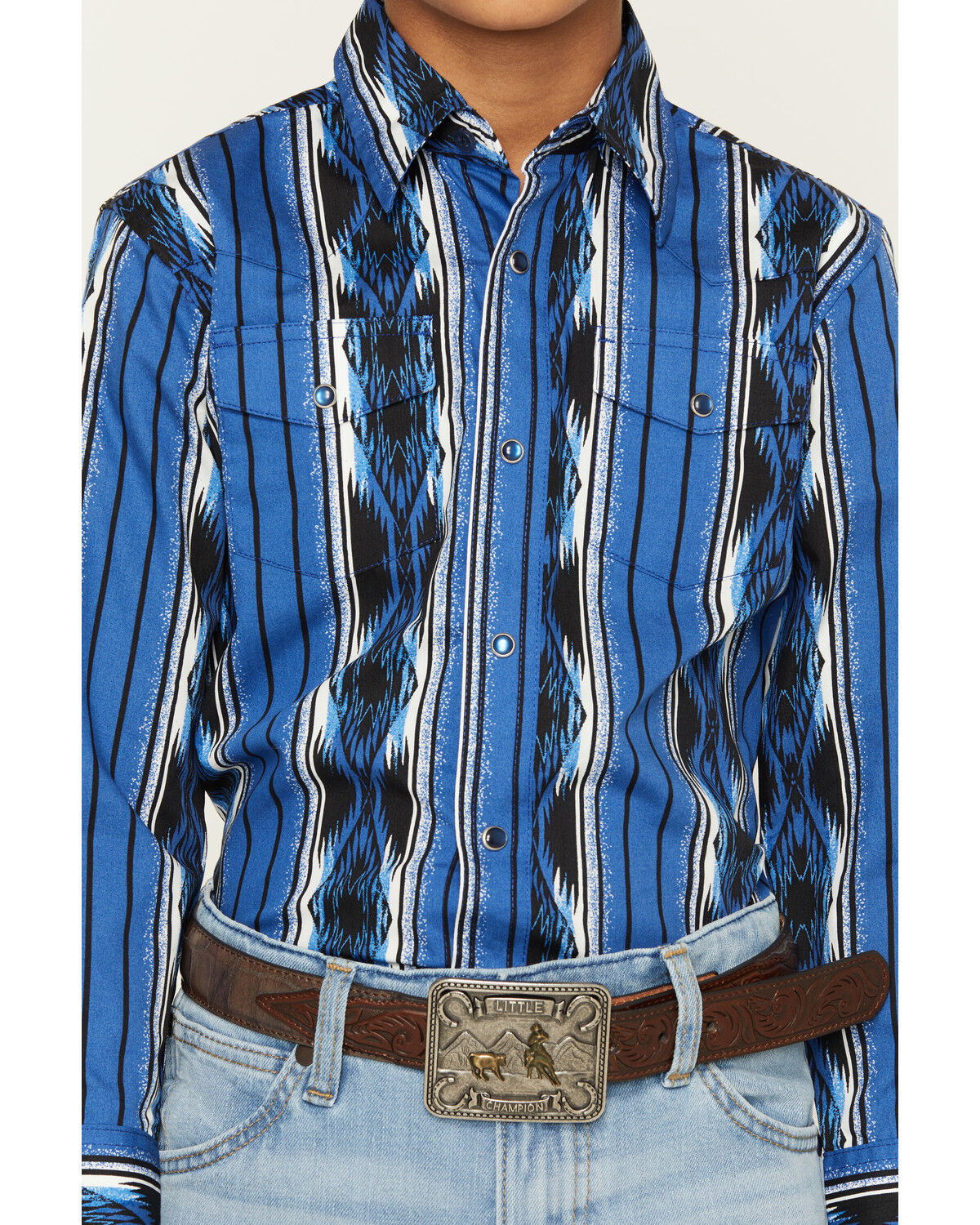 Image #3 - Wrangler Boys' Southwestern Striped Long Sleeve Pearl Snap Western Shirt, Blue, hi-res