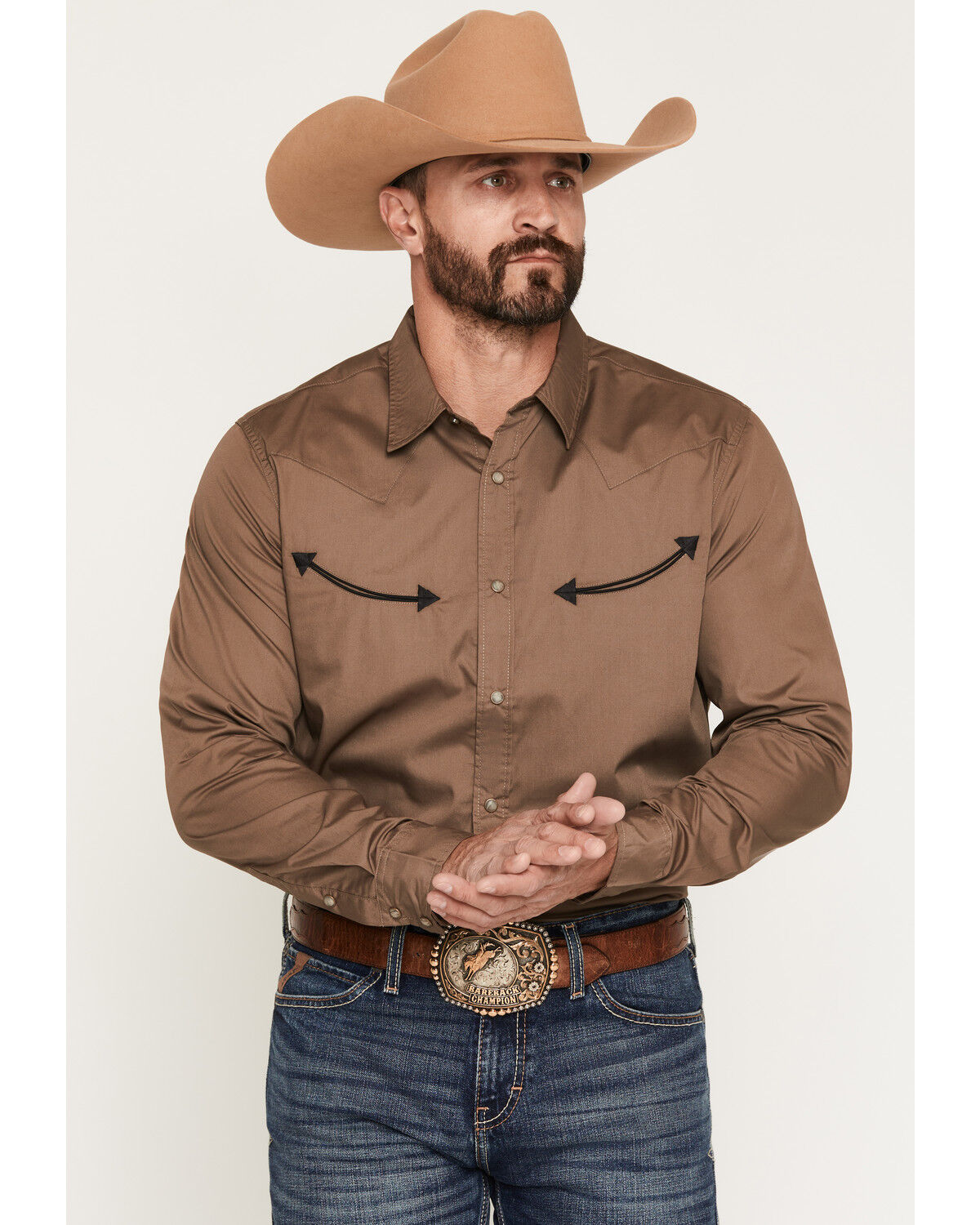 Gibson Trading Co Men's All Smiles Solid Long Sleeve Snap Western Shirt, Brown, hi-res