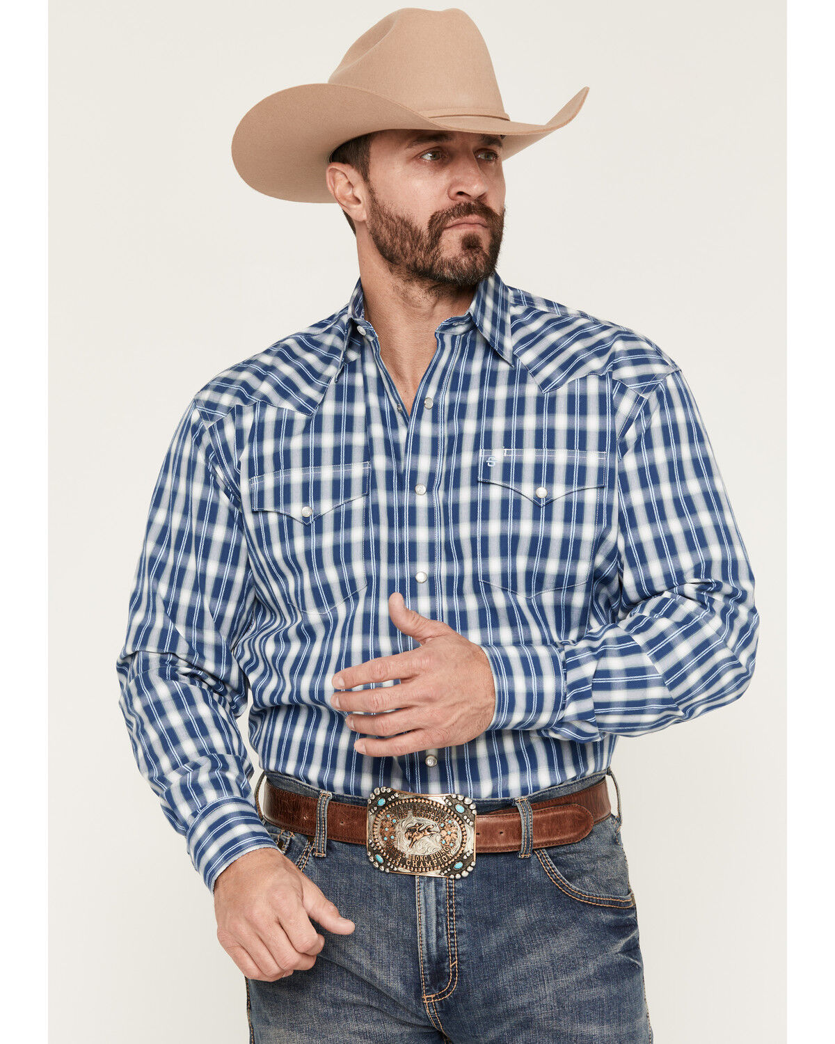 Image #1 - Stetson Men's Dobby Plaid Print Long Sleeve Snap Western Shirt, Blue, hi-res