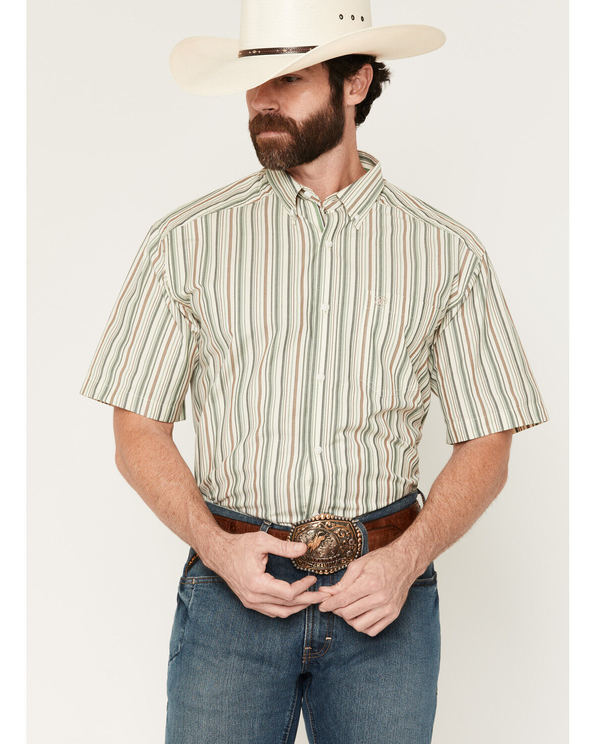 Ariat Men's Pro Series Stevie Striped Print Short Sleeve Button-Down Western Shirt, White, hi-res