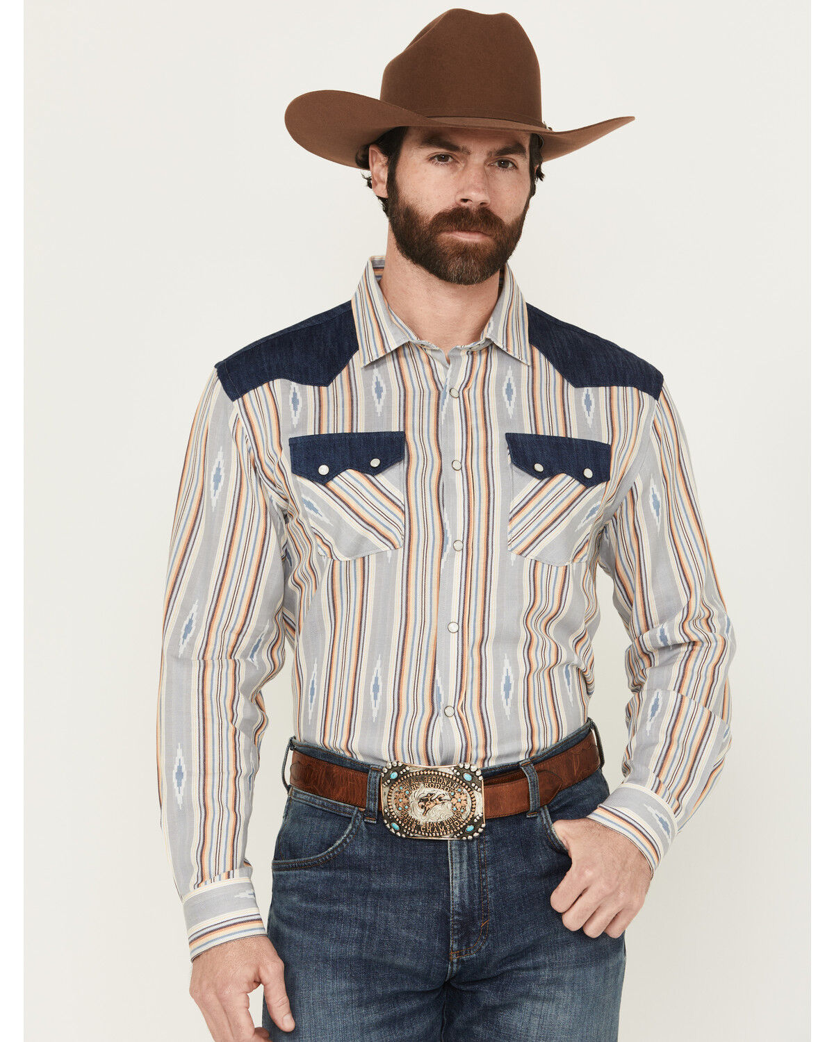 Panhandle Men's Southwestern Striped Long Sleeve Snap Western Shirt, Natural, hi-res