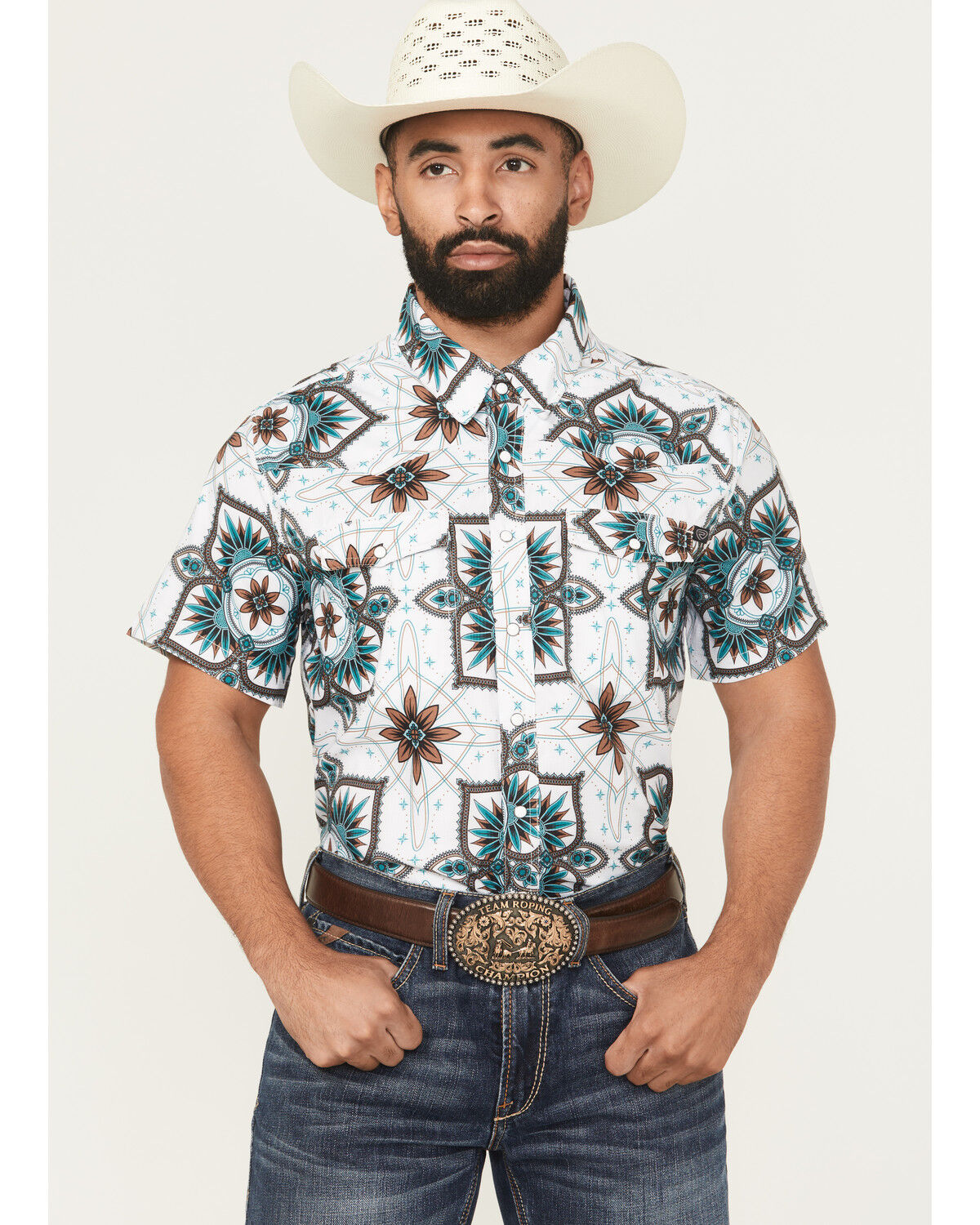 Rock & Roll Denim Men's Medallion Print Short Sleeve Snap Stretch Western Shirt, White, hi-res