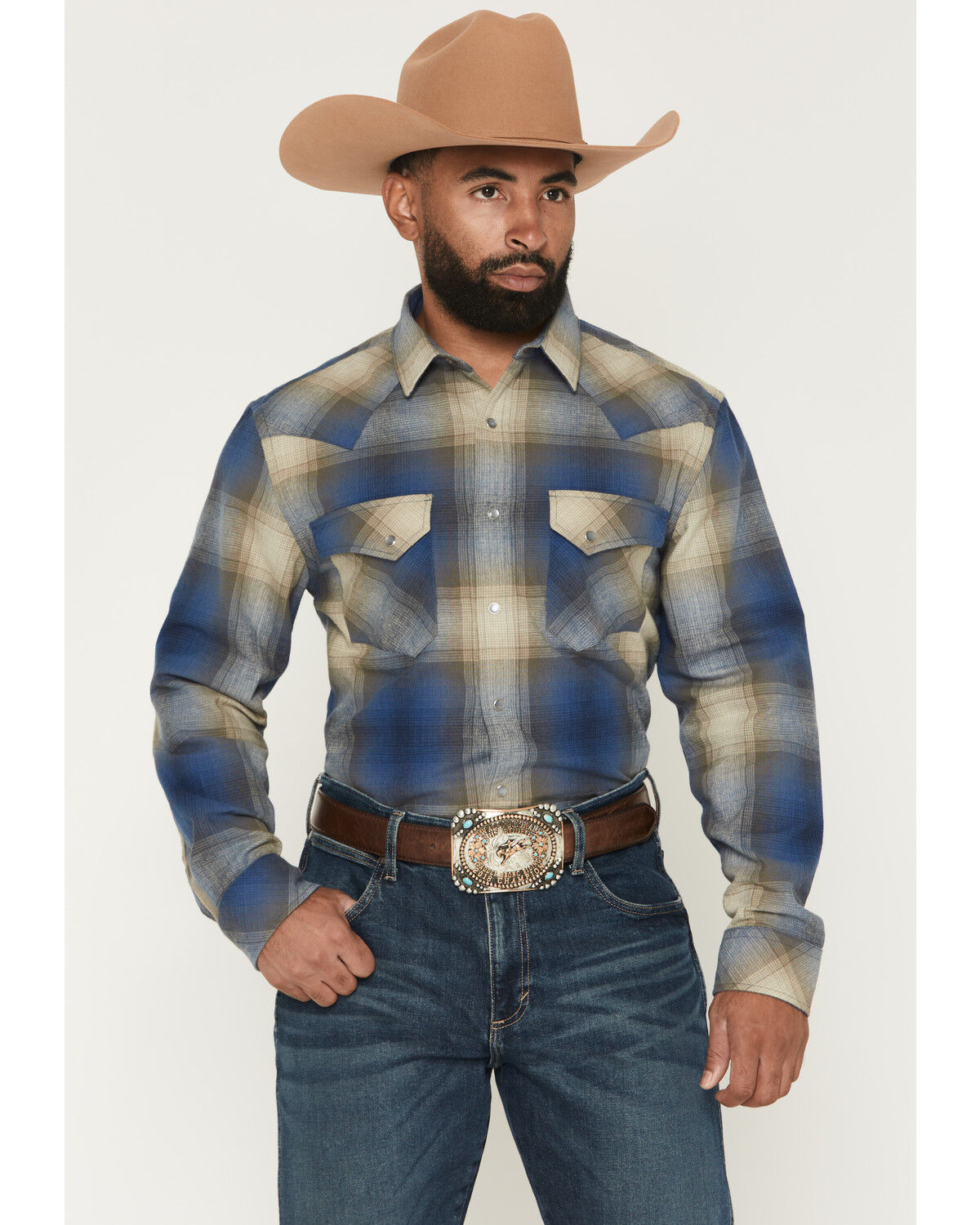 Pendleton Men's Boot Barn Exclusive Wyatt Plaid Print Long Sleeve Snap Western Shirt, Blue, hi-res