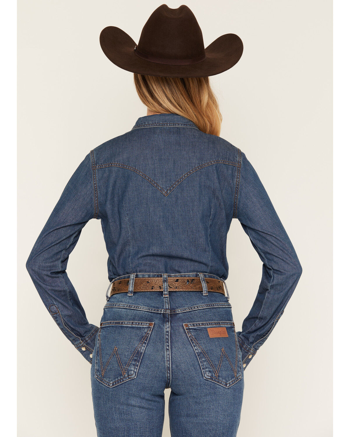 Image #4 - Wrangler Women's Dark Wash Long Sleeve Pearl Snap Denim Western Shirt, Blue, hi-res