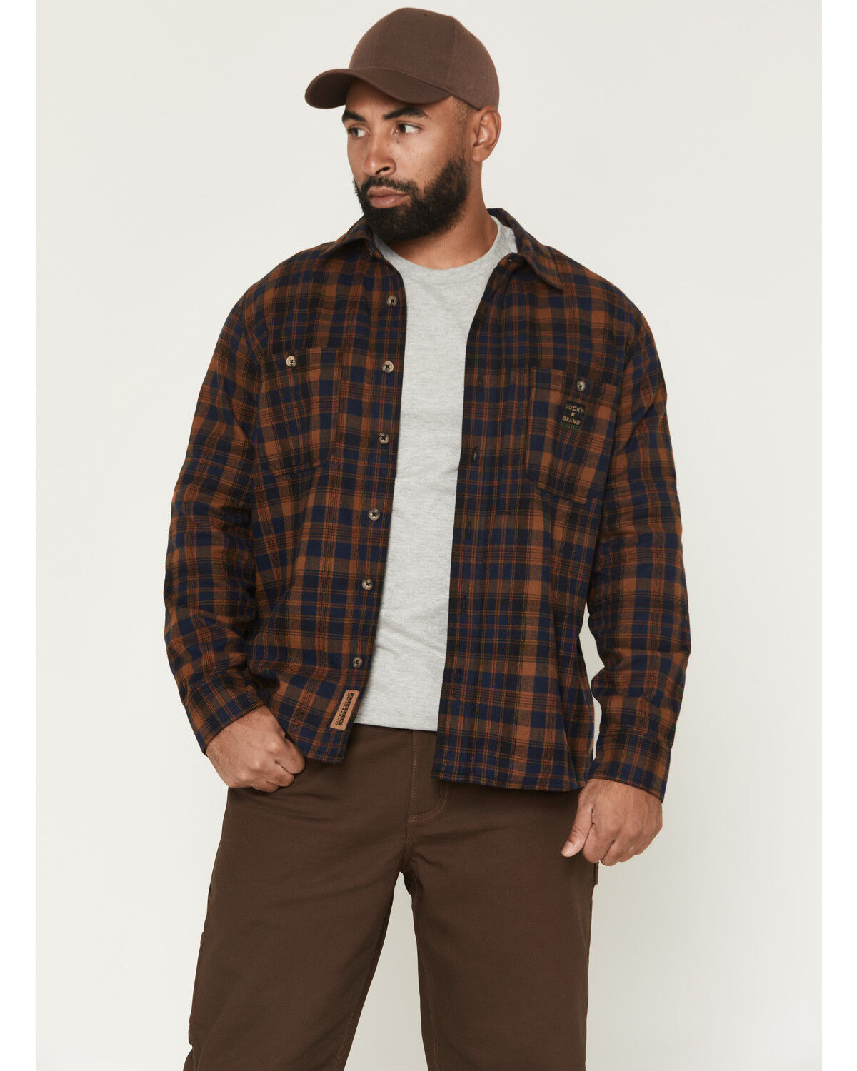 Lucky Brand Workwear Men's Elstar Plaid Print Long Sleeve Button-Down Flannel Shirt, Bronze, hi-res