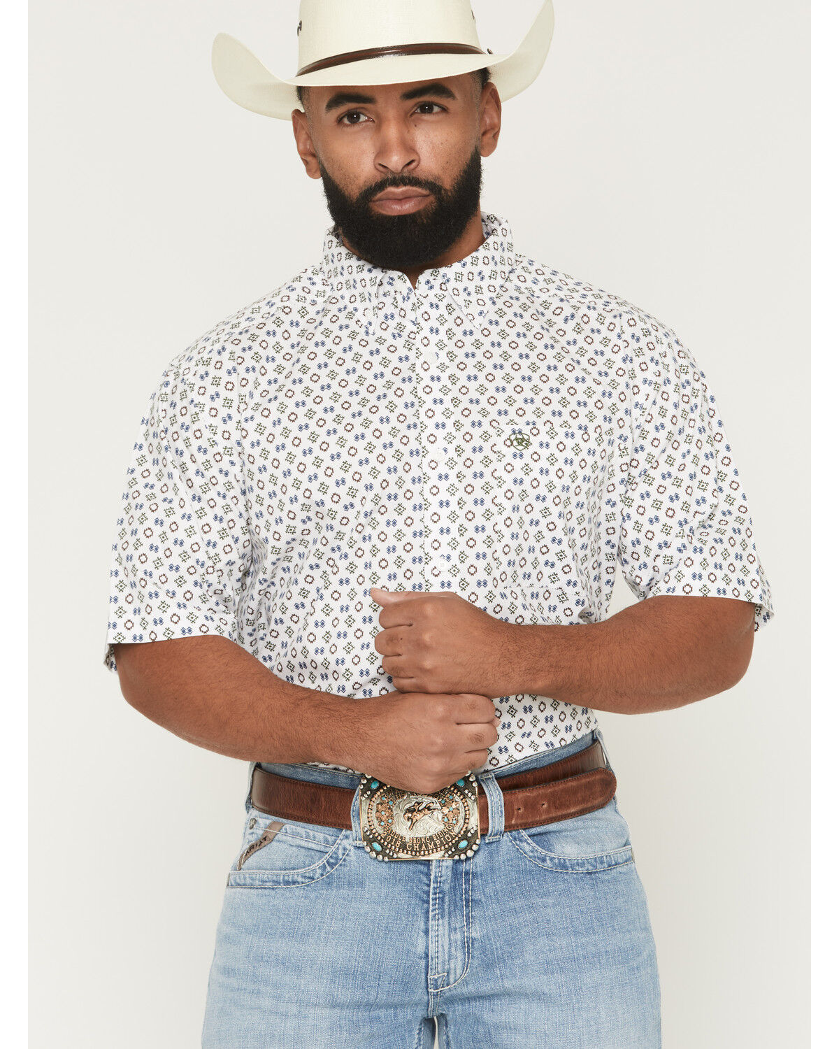 Ariat Men's Seton Geo Print Short Sleeve Button-Down Western Shirt, White, hi-res