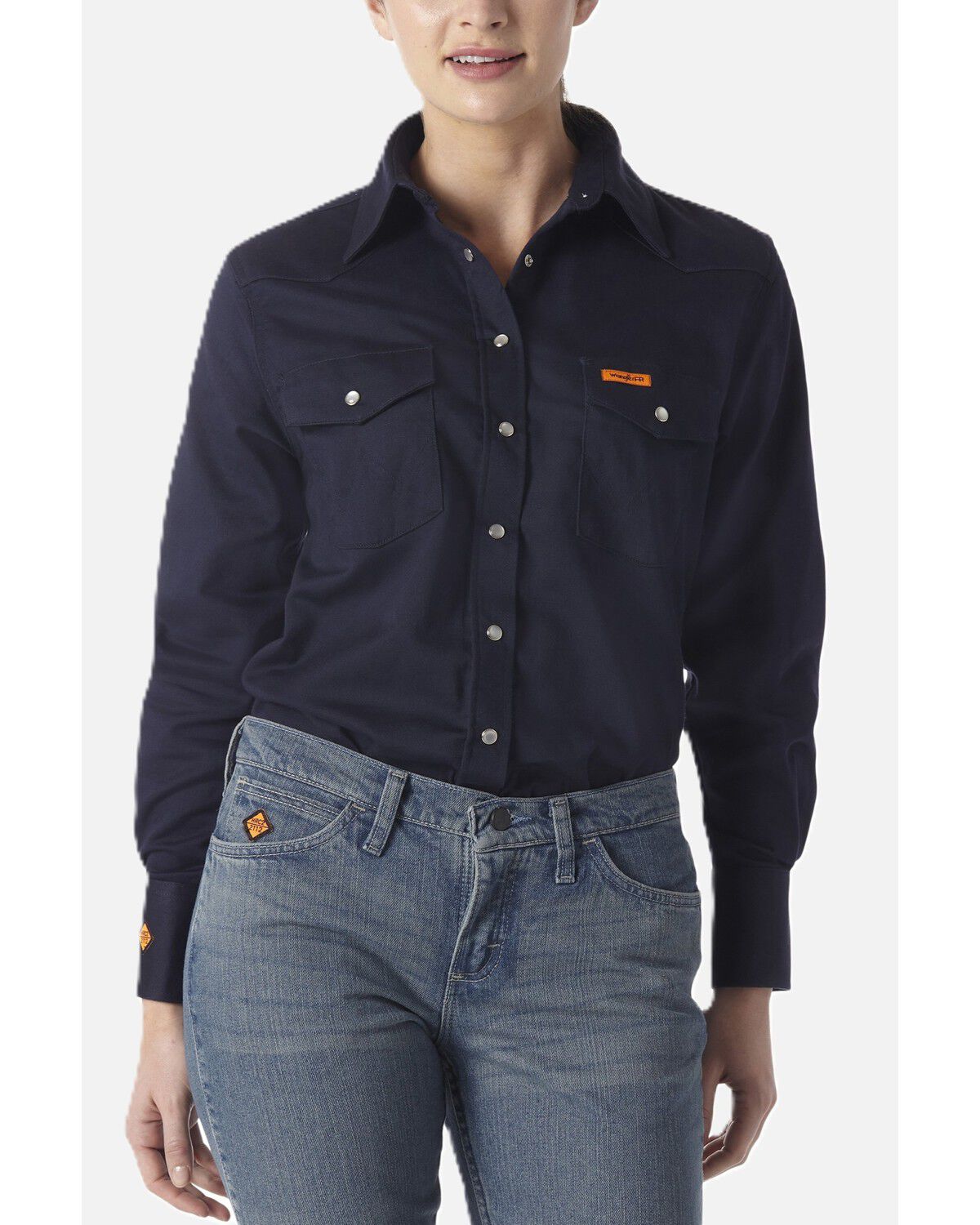 Wrangler Women's FR Long Sleeve Snap Work Shirt, Navy, hi-res